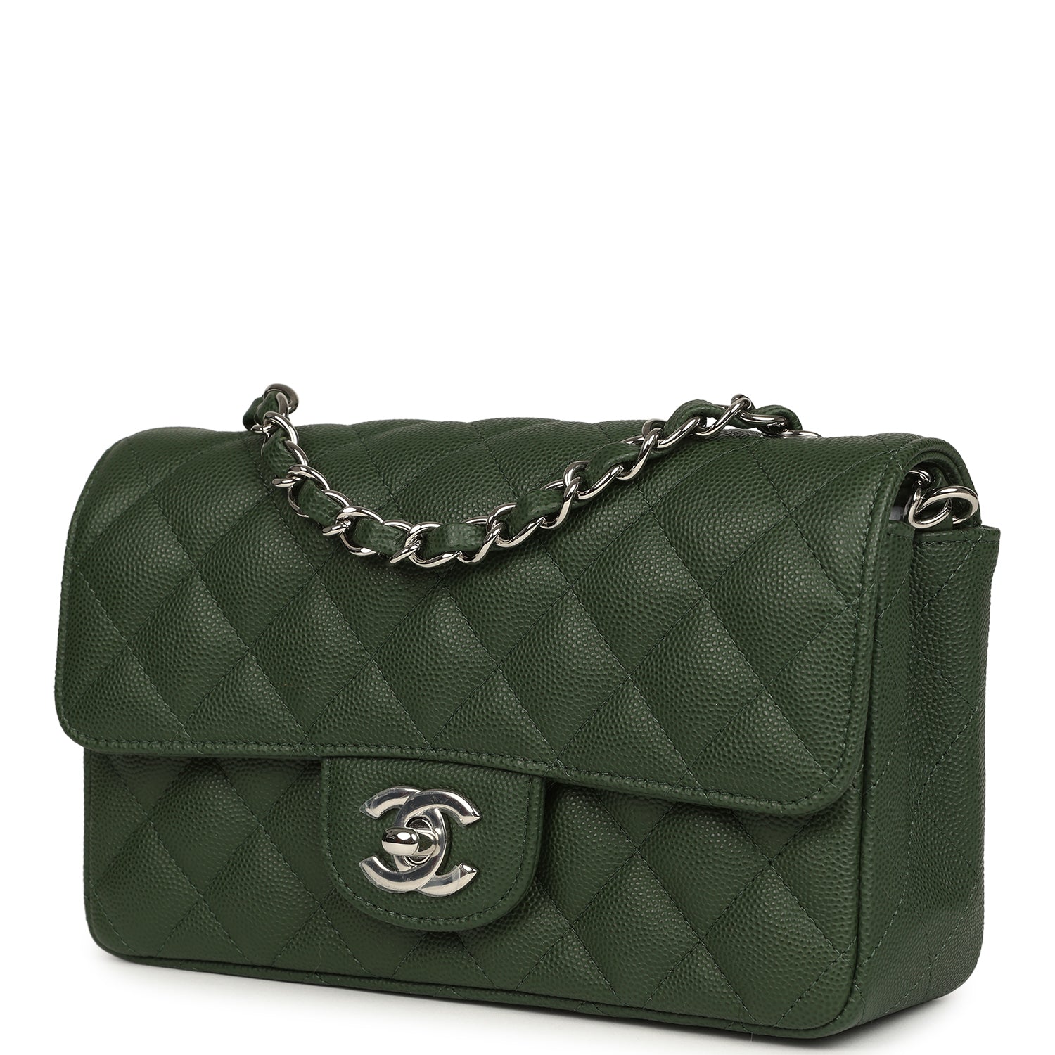 Chanel Mini Classic Rectangular Flap Bag Dark Green Caviar Silver Hardware
