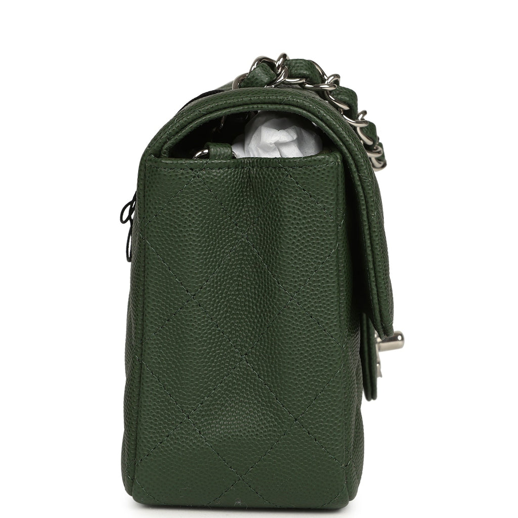 Chanel Mini Classic Rectangular Flap Bag Dark Green Caviar Silver Hardware