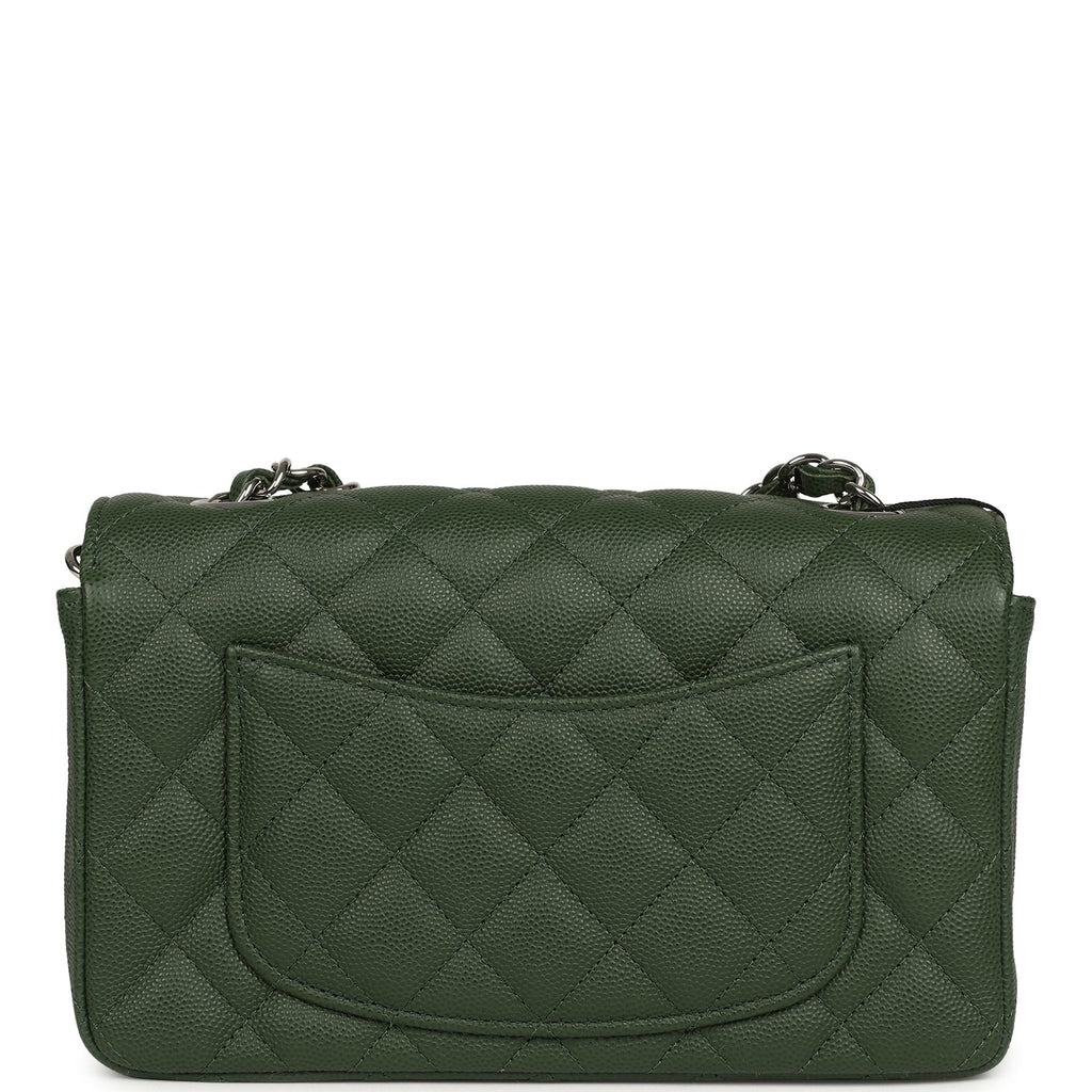 Chanel Mini Classic Rectangular Flap Bag Dark Green Caviar Silver Hardware