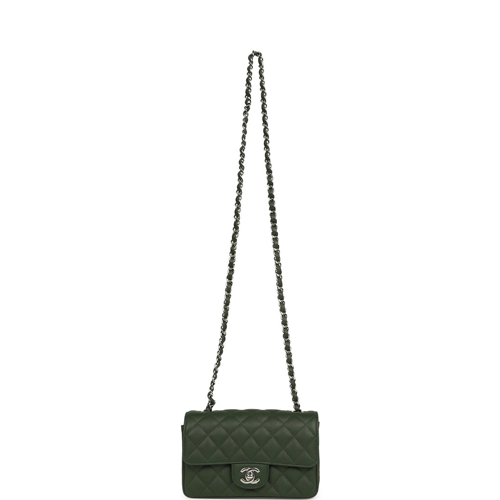 Chanel Mini Classic Rectangular Flap Bag Dark Green Caviar Silver Hardware