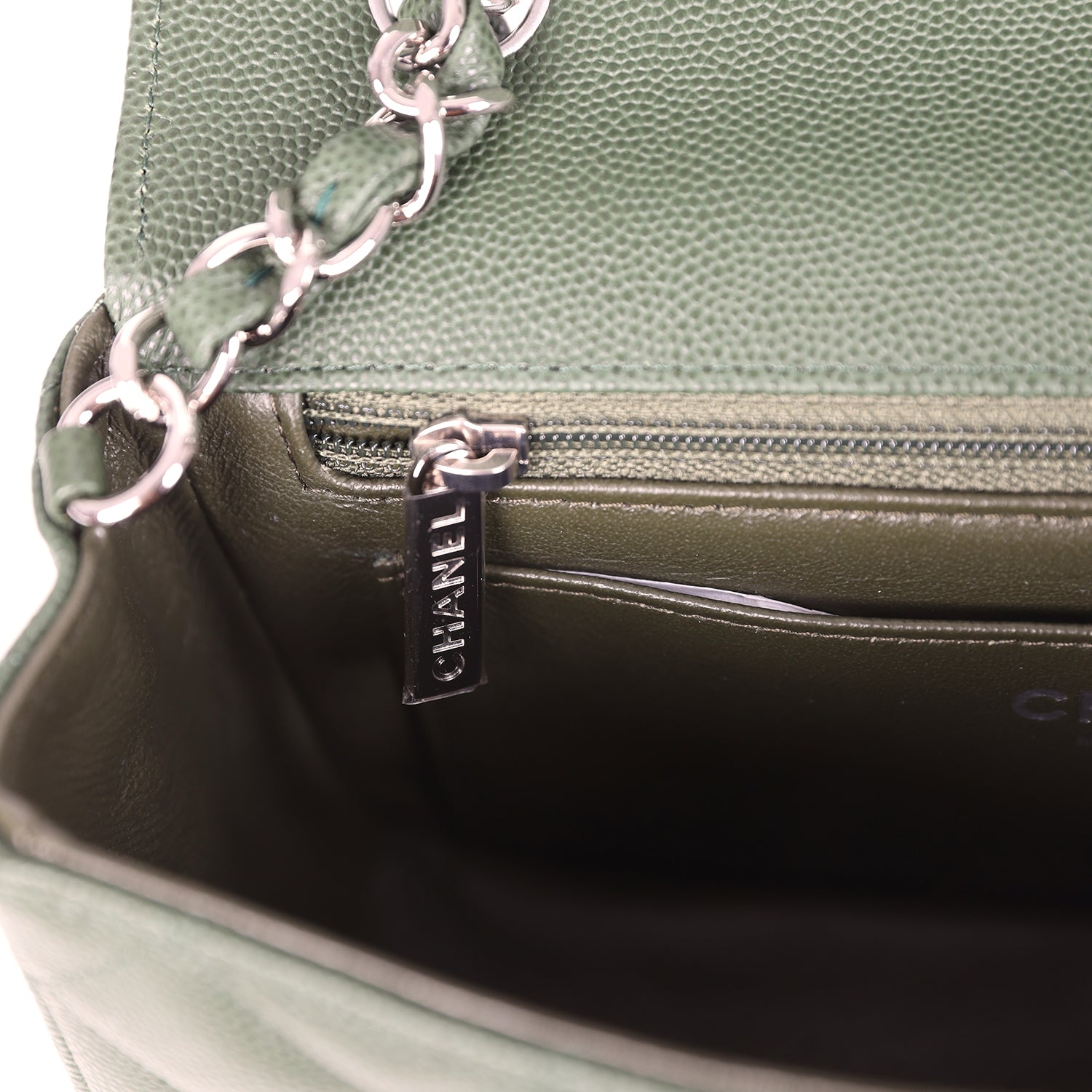 Chanel Mini Classic Rectangular Flap Bag Dark Green Caviar Silver Hardware