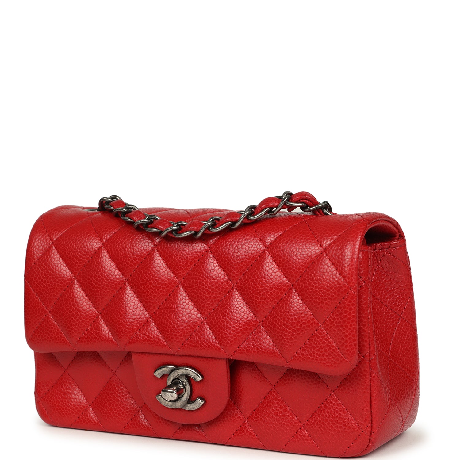Chanel Mini Classic Rectangular Flap Bag Red Caviar Aged Ruthenium Hardware