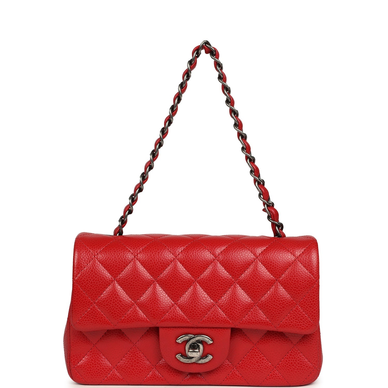 Chanel Mini Classic Rectangular Flap Bag Red Caviar Aged Ruthenium Hardware