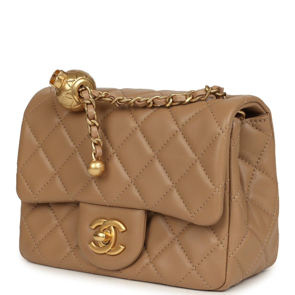 Chanel Mini Pearl Crush Square Flap Bag Beige Lambskin Brushed Gold Hardware
