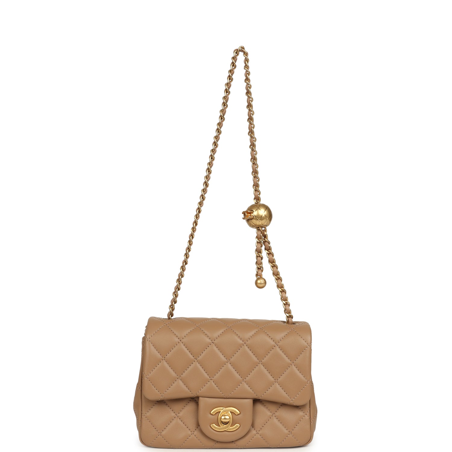 Chanel Mini Pearl Crush Square Flap Bag Beige Lambskin Brushed Gold Hardware