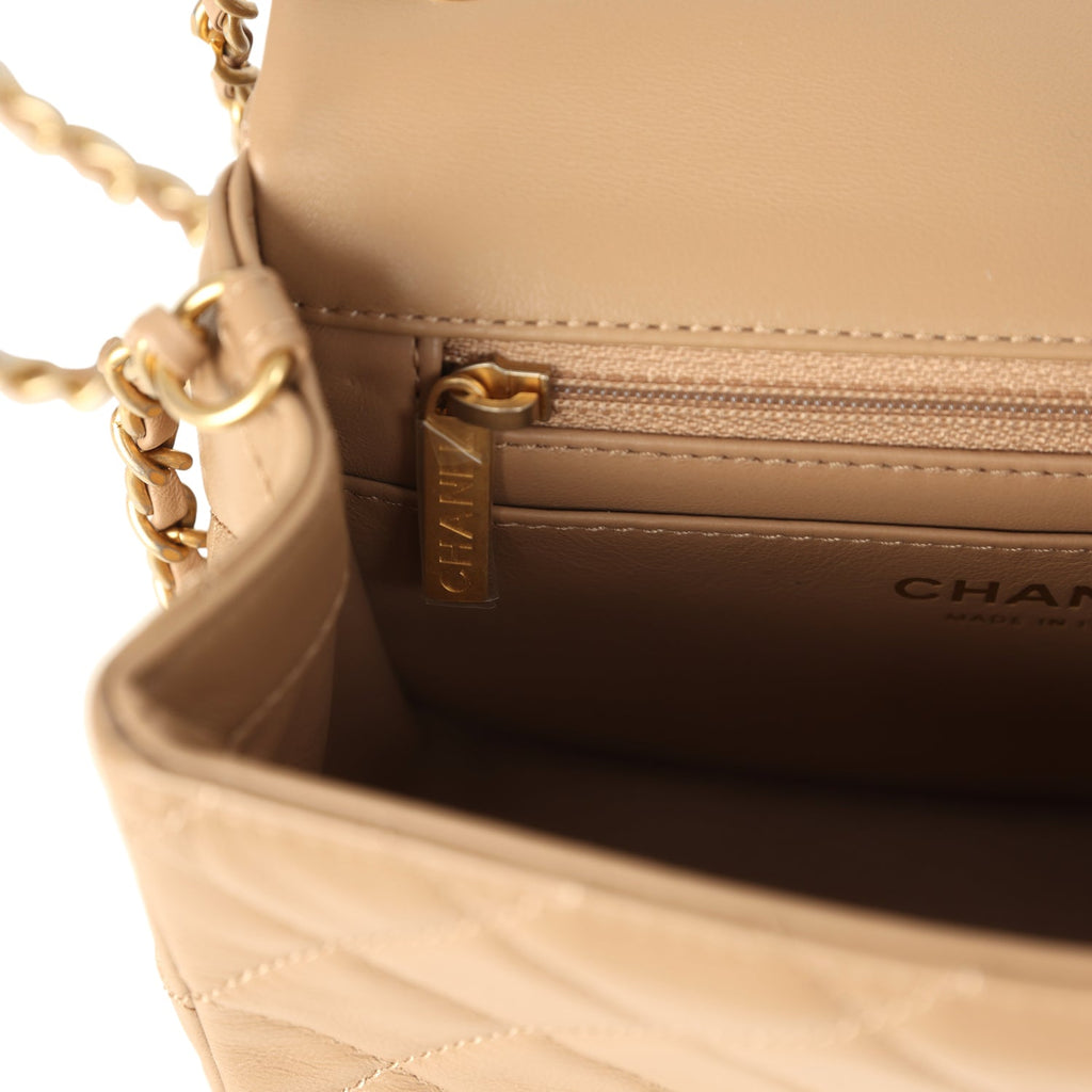Chanel Mini Pearl Crush Square Flap Bag Beige Lambskin Brushed Gold Hardware