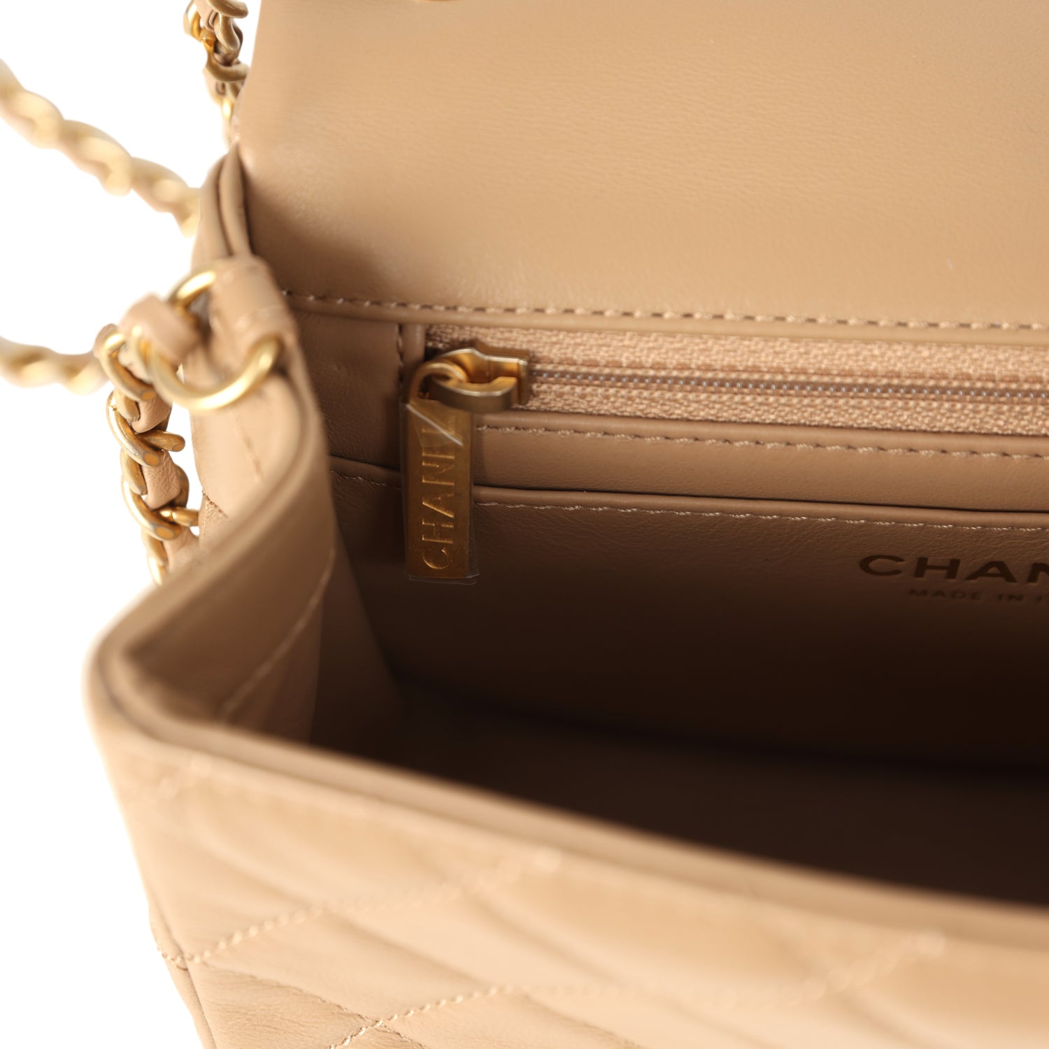 Chanel Mini Pearl Crush Square Flap Bag Beige Lambskin Brushed Gold Hardware