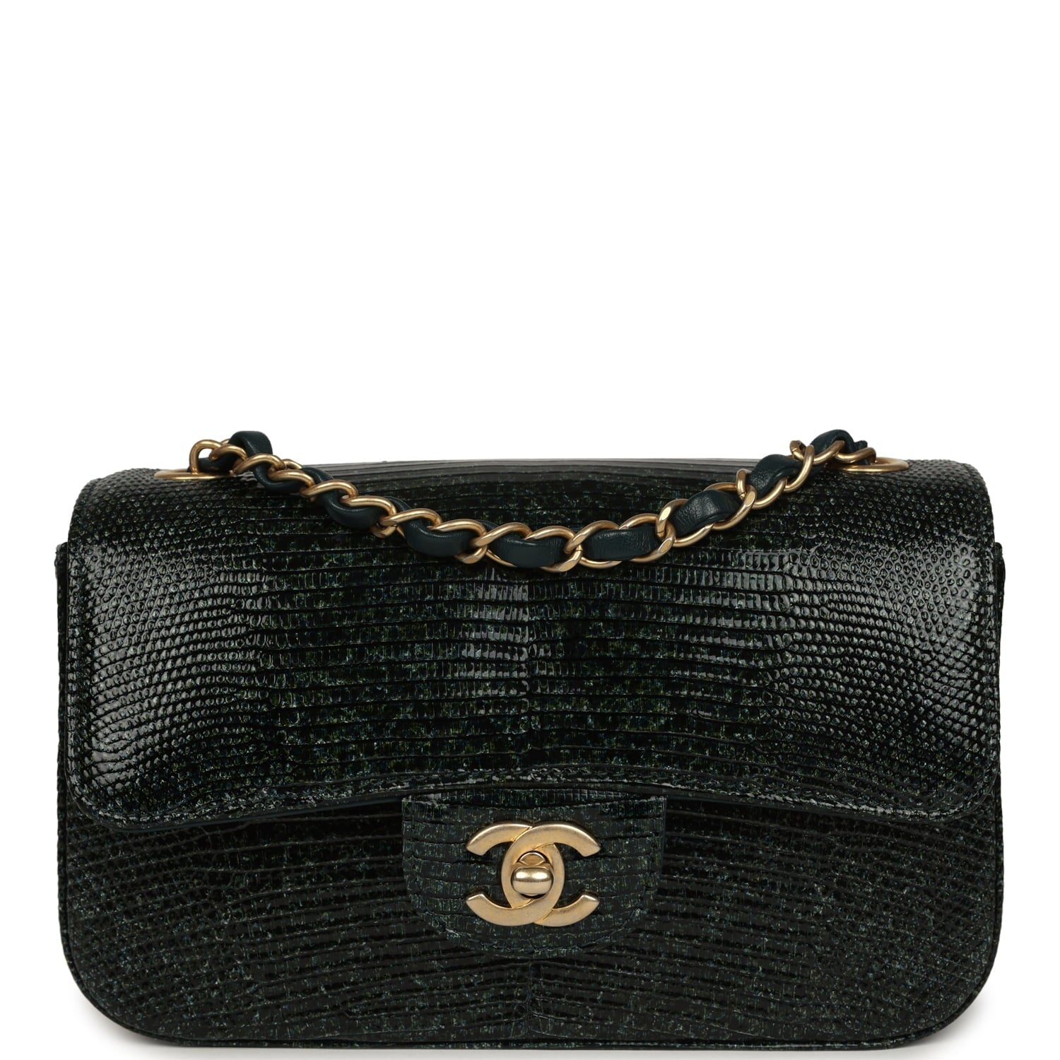 Chanel Mini Rectangular Flap Bag Green Shiny Lizard Brushed Gold Hardware