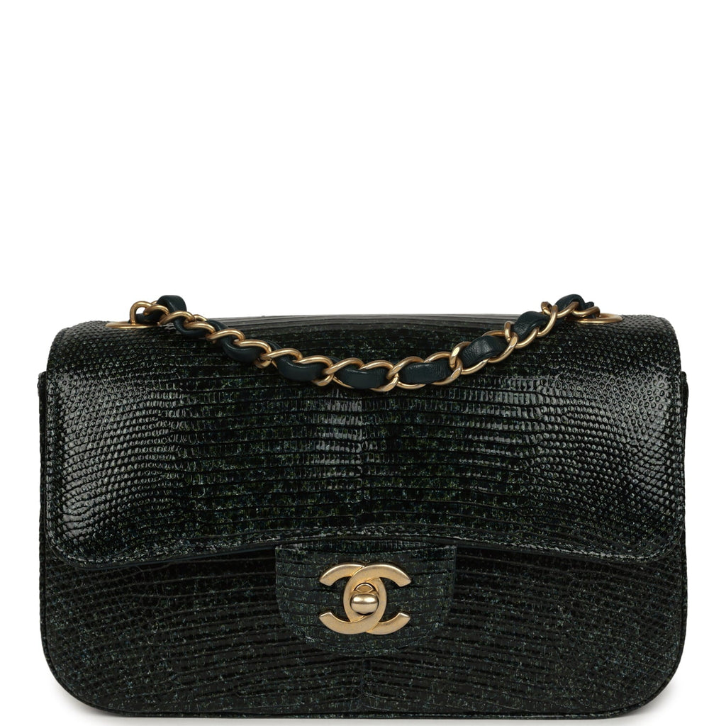 Chanel Mini Rectangular Flap Bag Green Shiny Lizard Brushed Gold Hardware