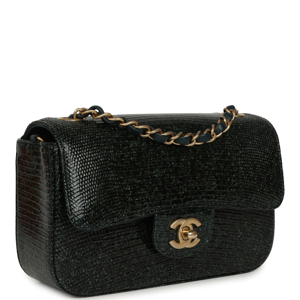 Chanel Mini Rectangular Flap Bag Green Shiny Lizard Brushed Gold Hardware