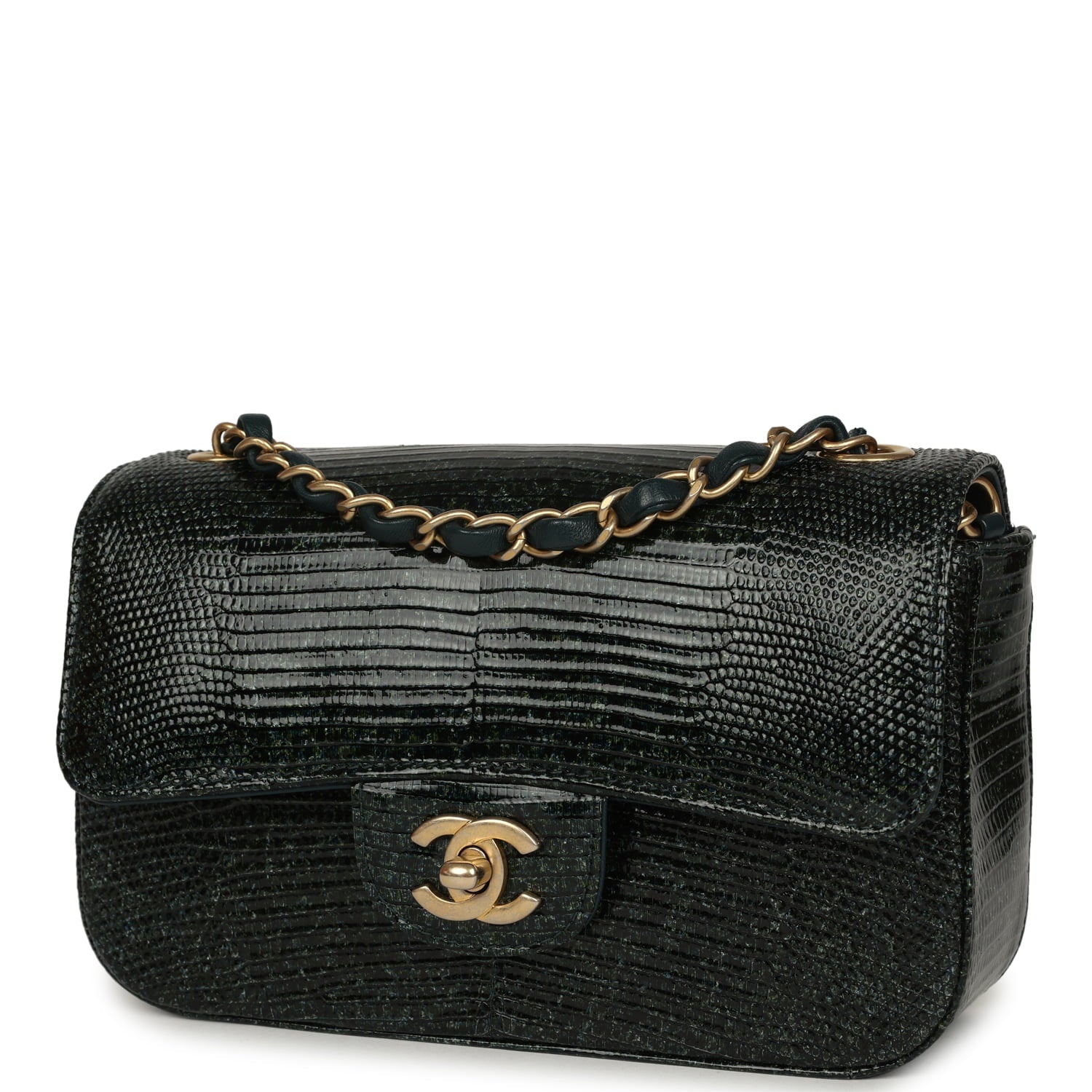 Chanel Mini Rectangular Flap Bag Green Shiny Lizard Brushed Gold Hardware