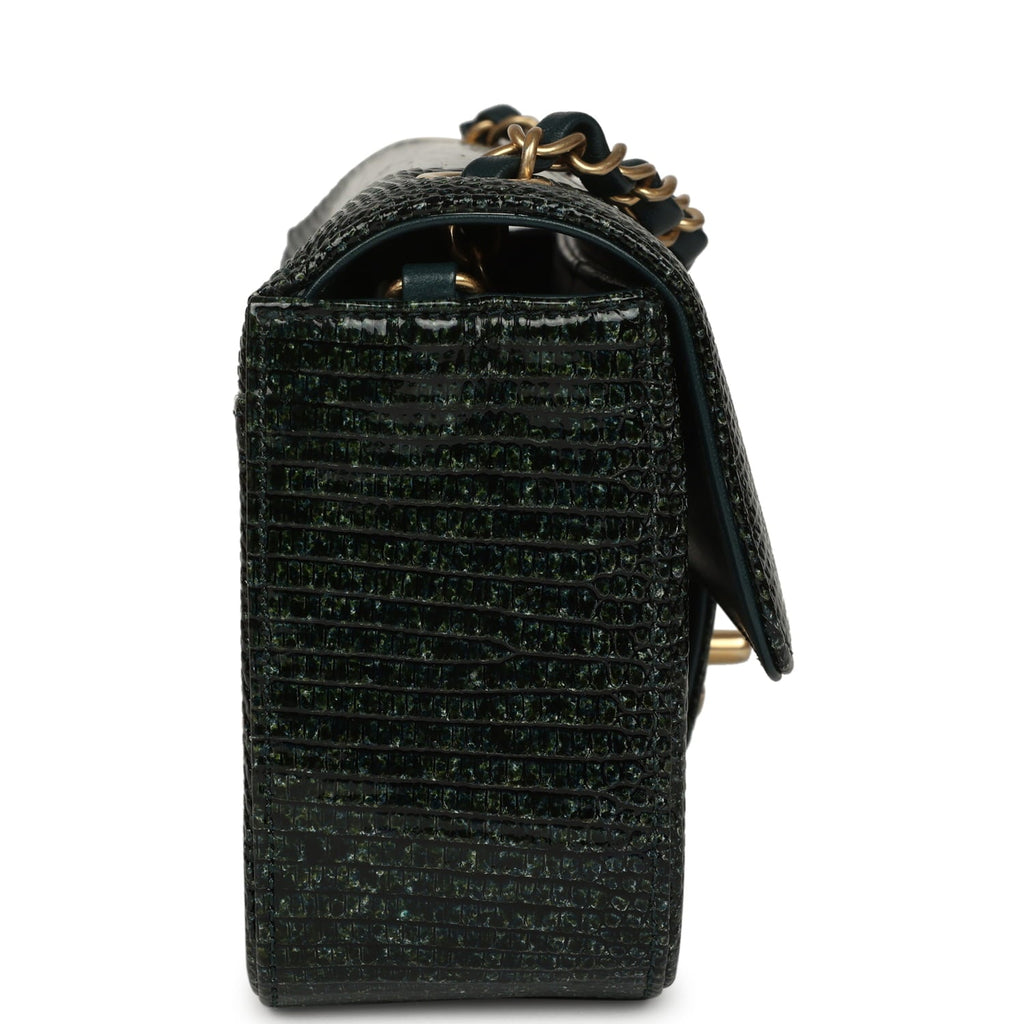 Chanel Mini Rectangular Flap Bag Green Shiny Lizard Brushed Gold Hardware