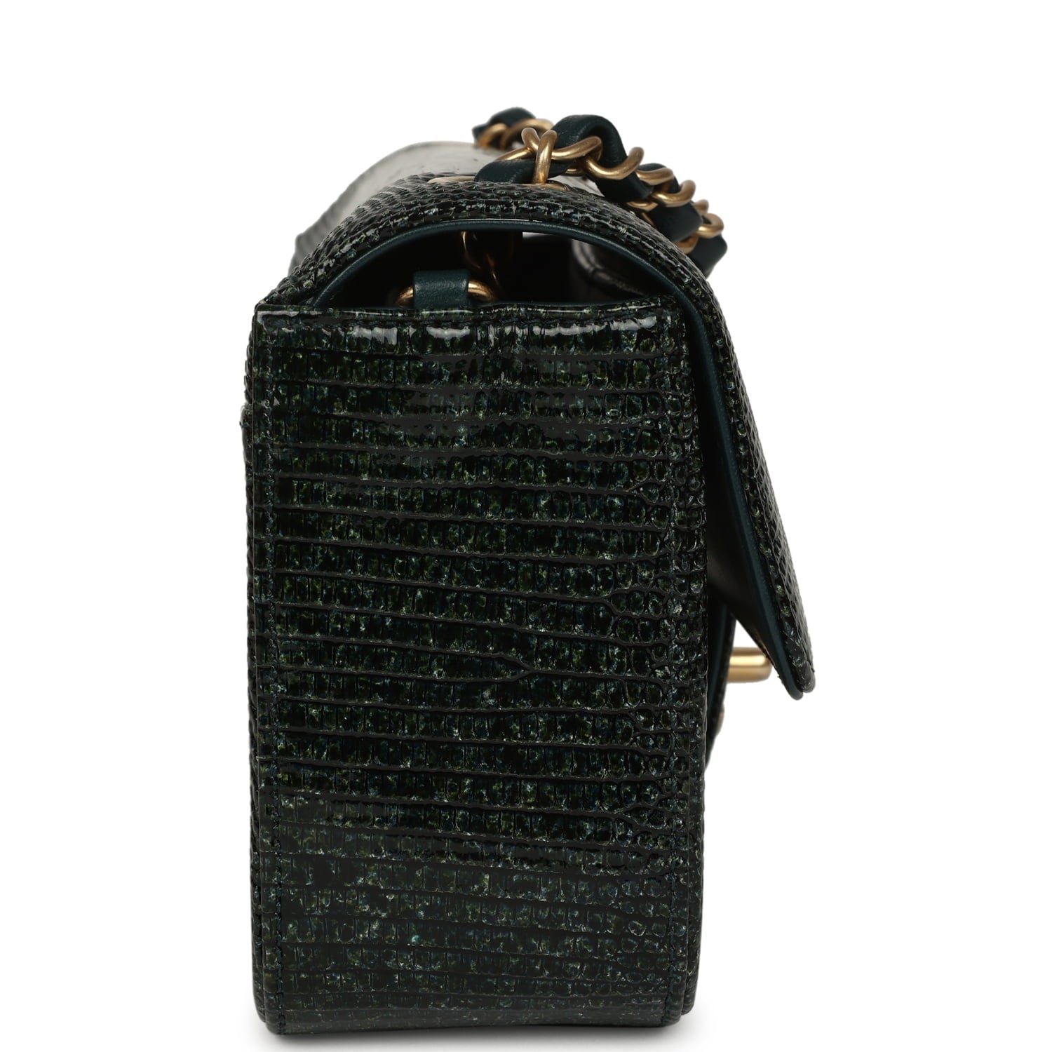Chanel Mini Rectangular Flap Bag Green Shiny Lizard Brushed Gold Hardware