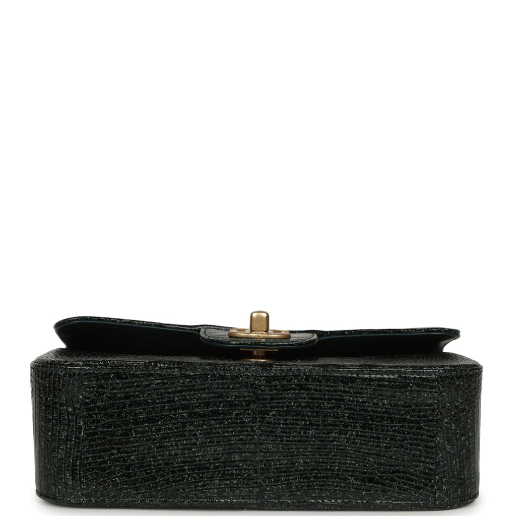 Chanel Mini Rectangular Flap Bag Green Shiny Lizard Brushed Gold Hardware