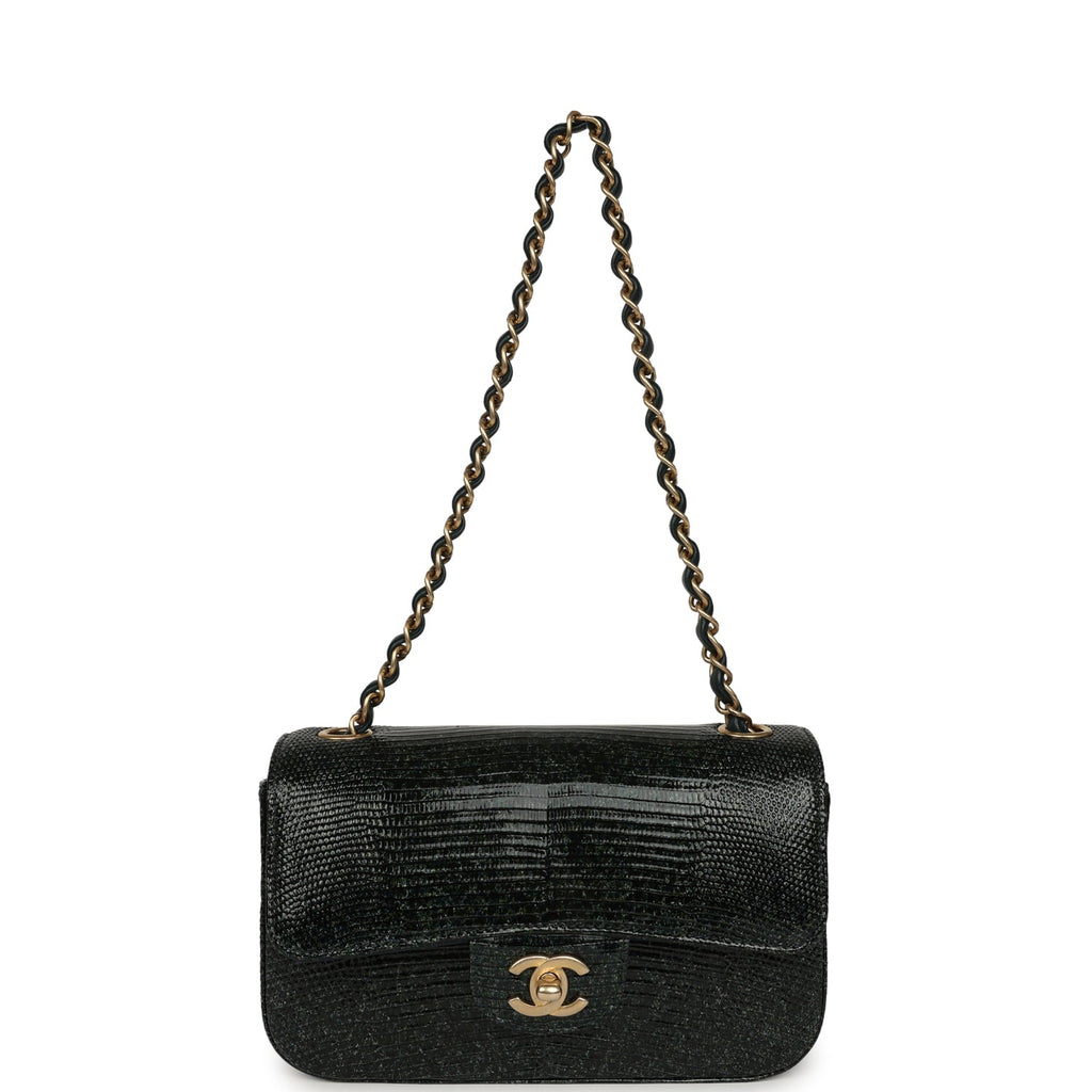 Chanel Mini Rectangular Flap Bag Green Shiny Lizard Brushed Gold Hardware
