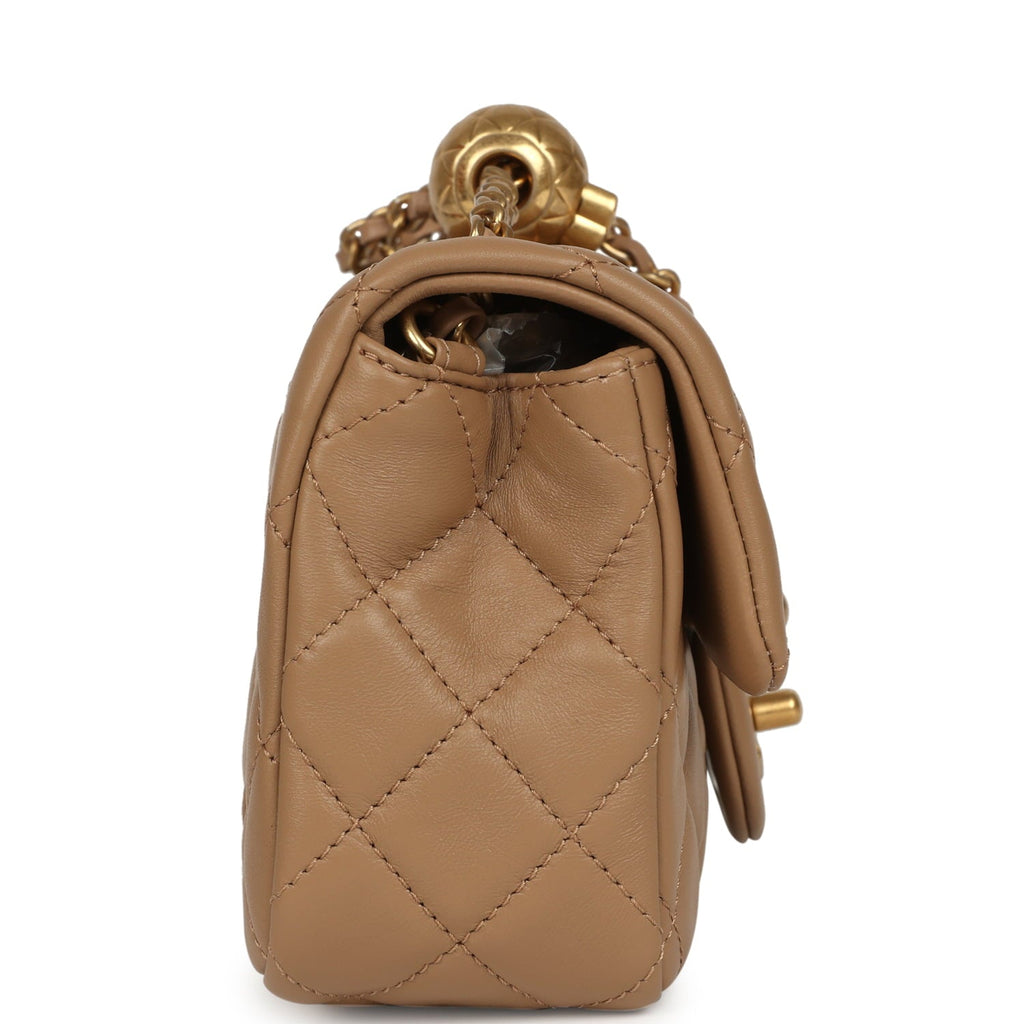 Chanel Mini Pearl Crush Rectangular Flap Bag Dark Beige Lambskin Brushed Gold Hardware