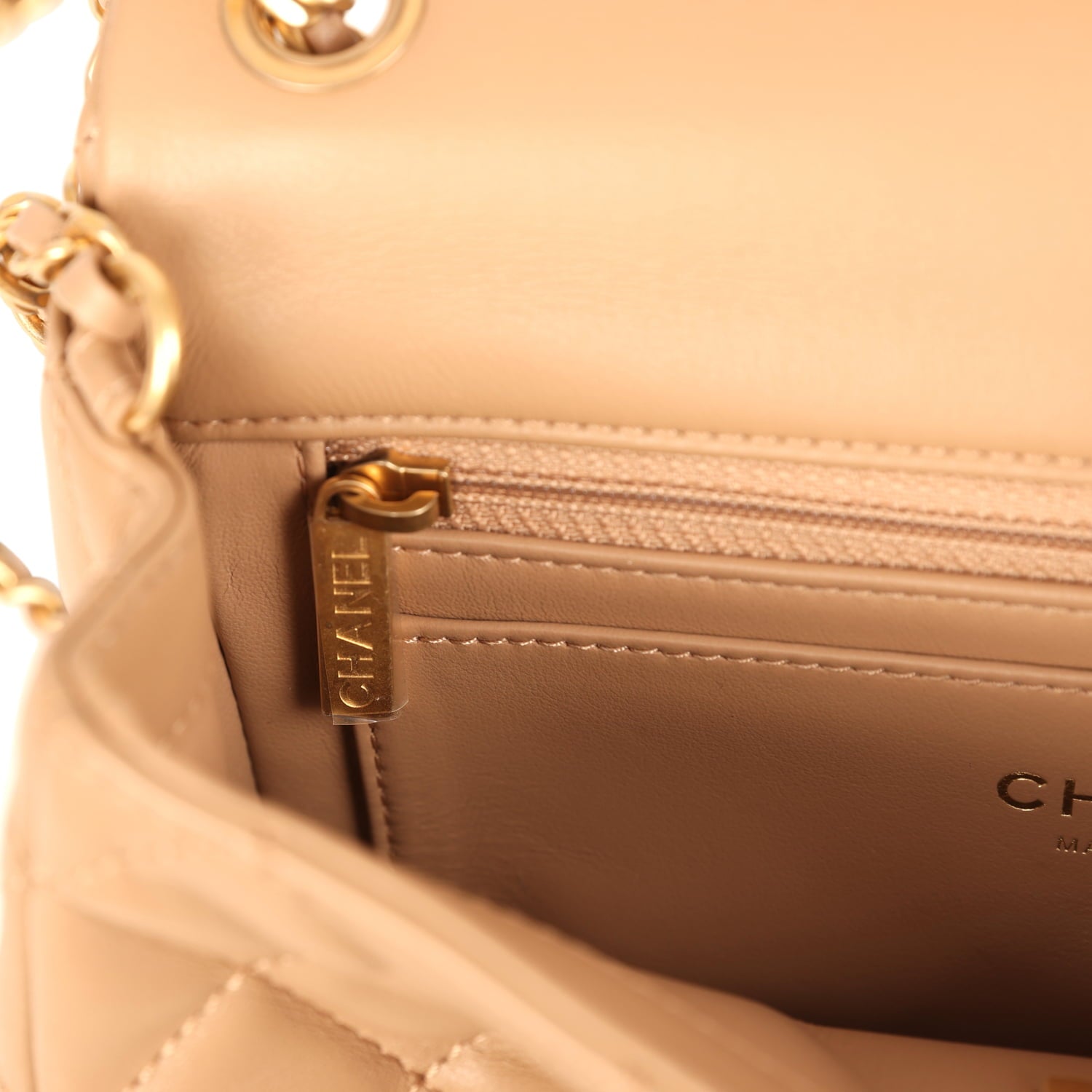 Chanel Mini Pearl Crush Rectangular Flap Bag Dark Beige Lambskin Brushed Gold Hardware