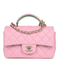 Chanel Mini Rectangular Flap Bag with Top Handle Pink and Green Lambskin Light Gold Hardware