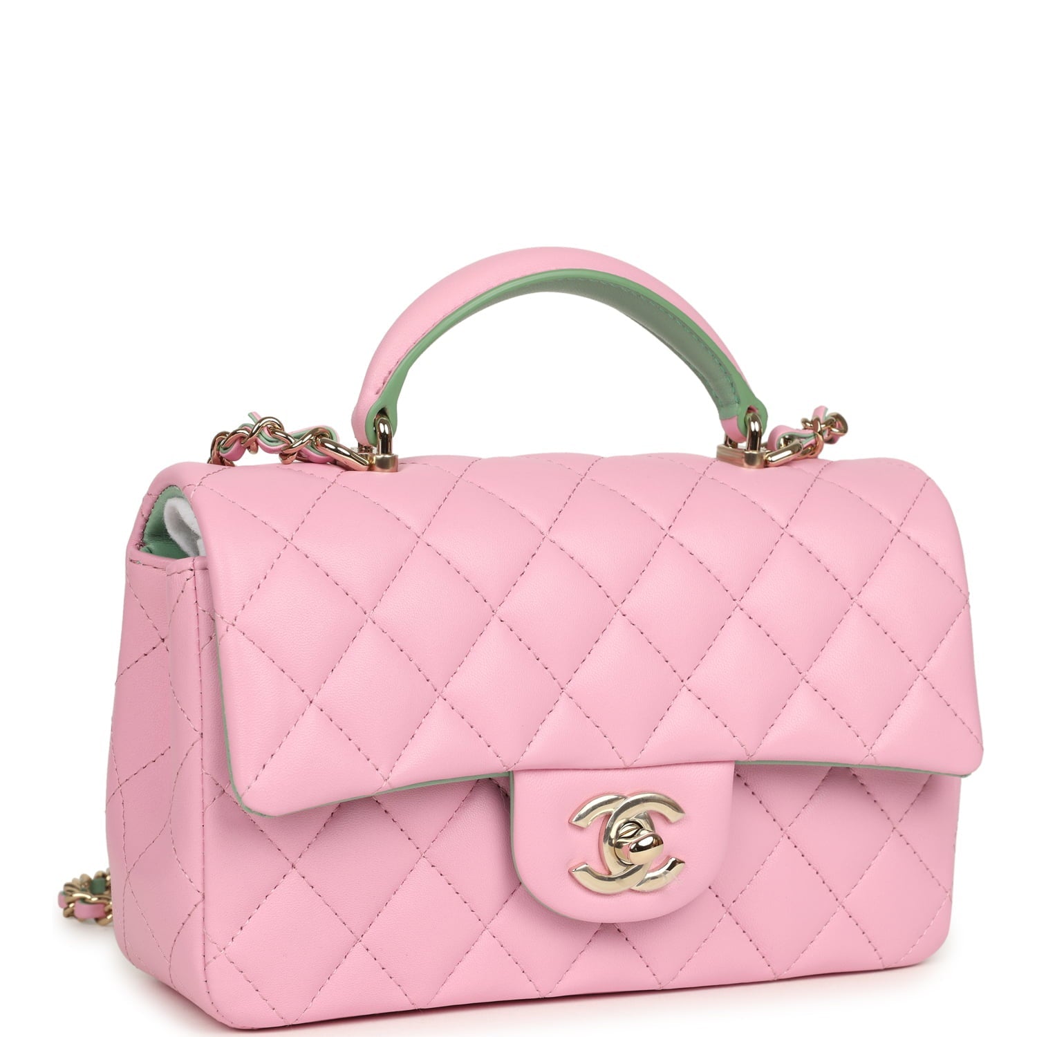 Chanel Mini Rectangular Flap Bag with Top Handle Pink and Green Lambskin Light Gold Hardware