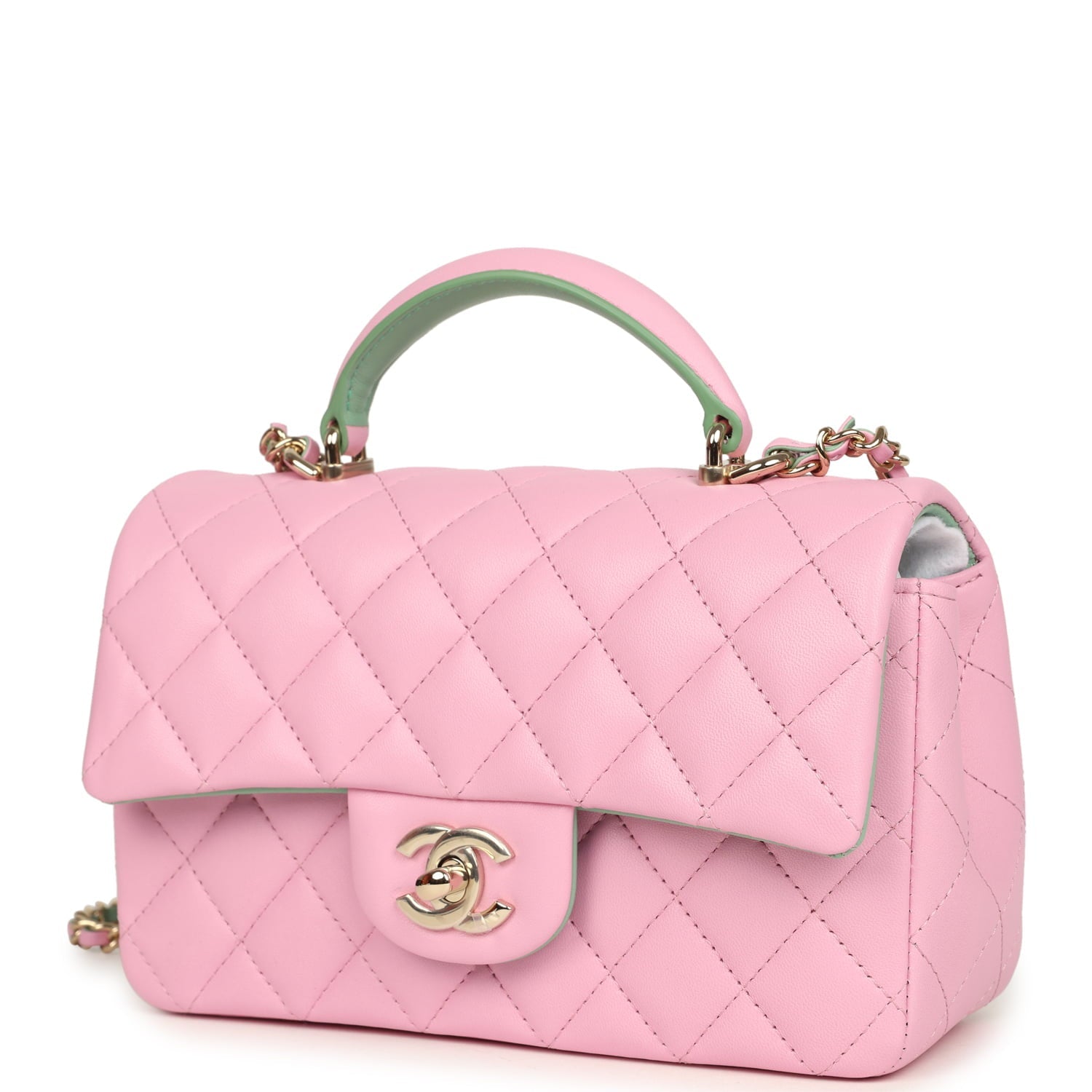 Chanel Mini Rectangular Flap Bag with Top Handle Pink and Green Lambskin Light Gold Hardware