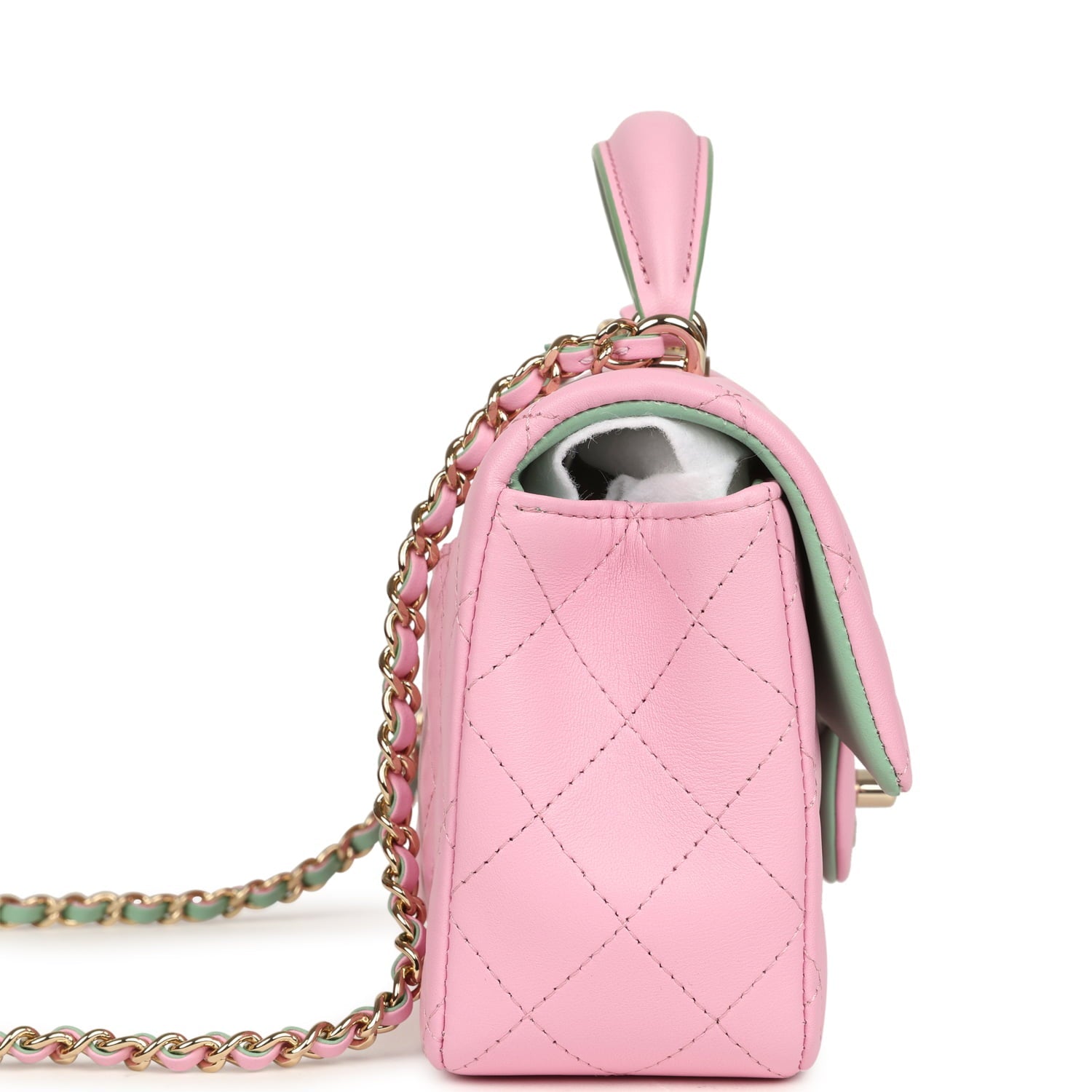 Chanel Mini Rectangular Flap Bag with Top Handle Pink and Green Lambskin Light Gold Hardware