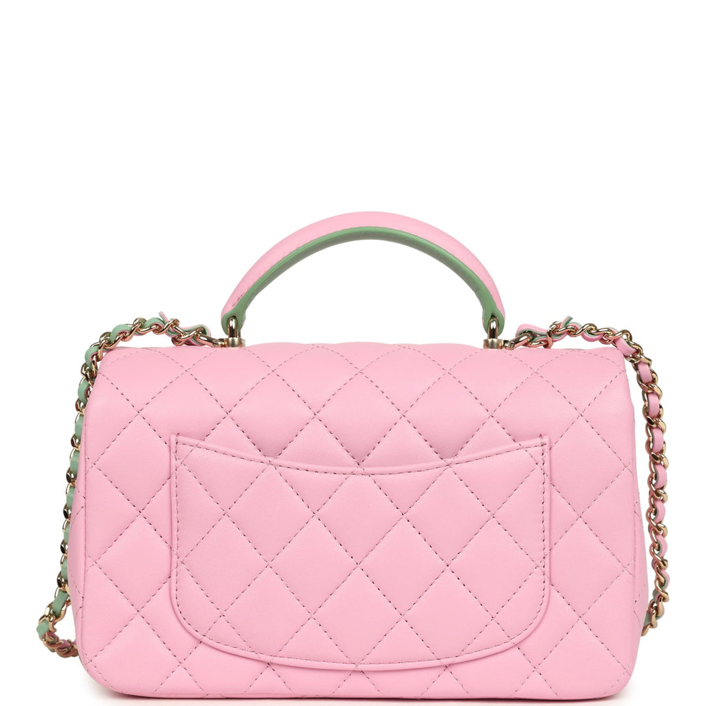 Chanel Mini Rectangular Flap Bag with Top Handle Pink and Green Lambskin Light Gold Hardware
