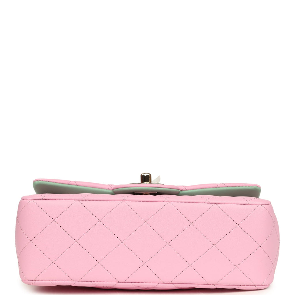 Chanel Mini Rectangular Flap Bag with Top Handle Pink and Green Lambskin Light Gold Hardware
