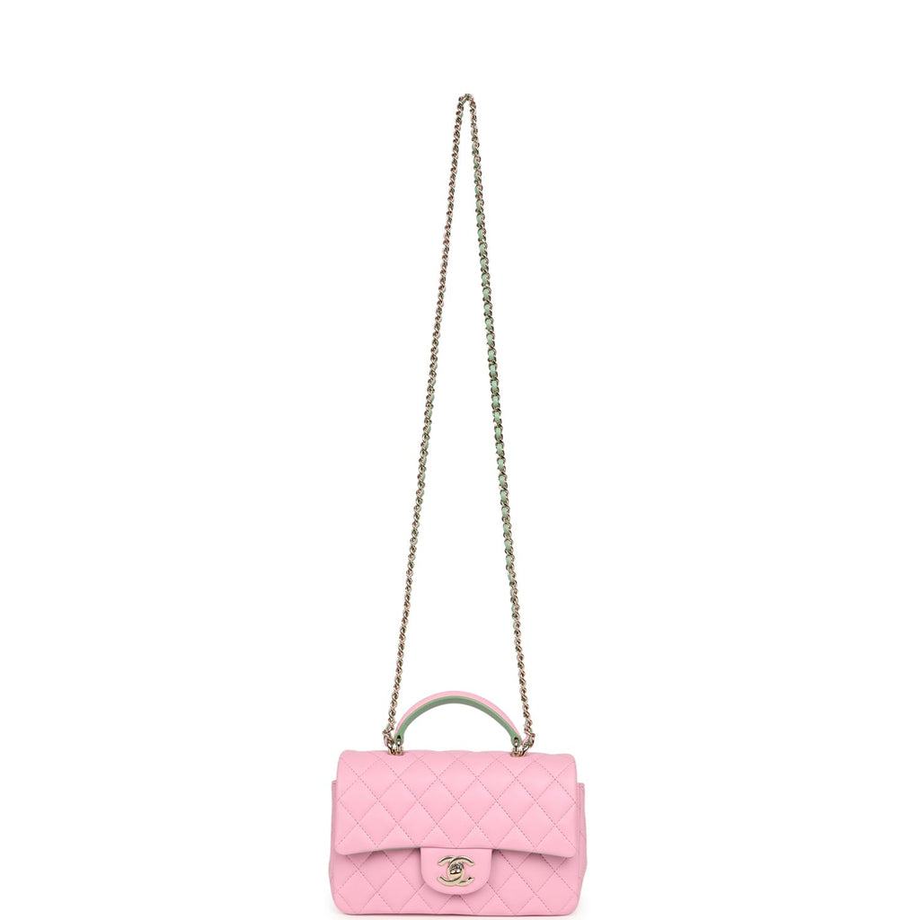 Chanel Mini Rectangular Flap Bag with Top Handle Pink and Green Lambskin Light Gold Hardware