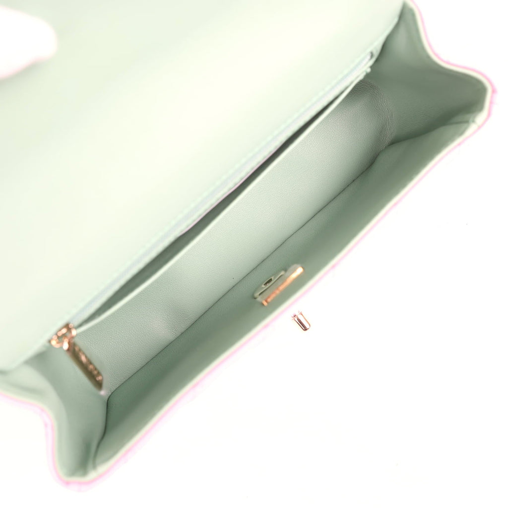 Chanel Mini Rectangular Flap Bag with Top Handle Pink and Green Lambskin Light Gold Hardware