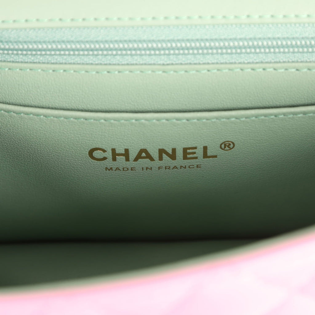Chanel Mini Rectangular Flap Bag with Top Handle Pink and Green Lambskin Light Gold Hardware