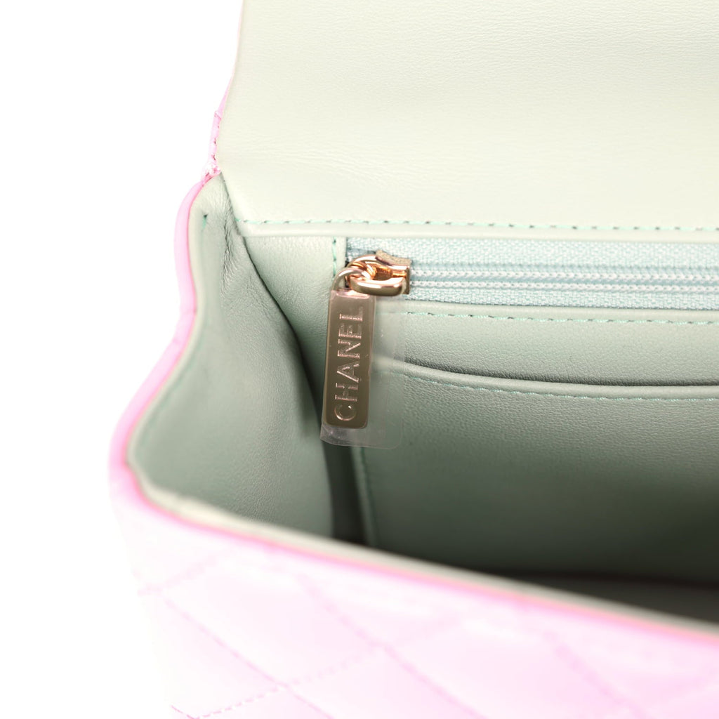 Chanel Mini Rectangular Flap Bag with Top Handle Pink and Green Lambskin Light Gold Hardware