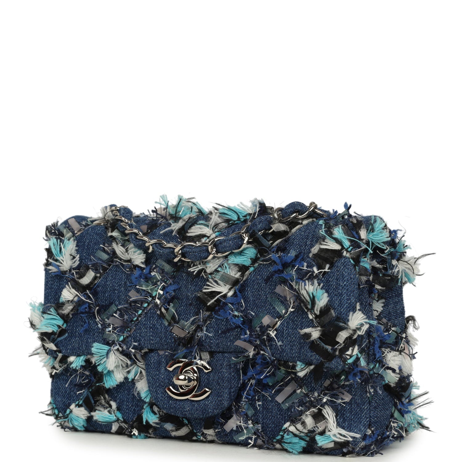 Chanel Mini Classic Rectangular Flap Bag Ribbon Tweed Blue Denim Silver Hardware