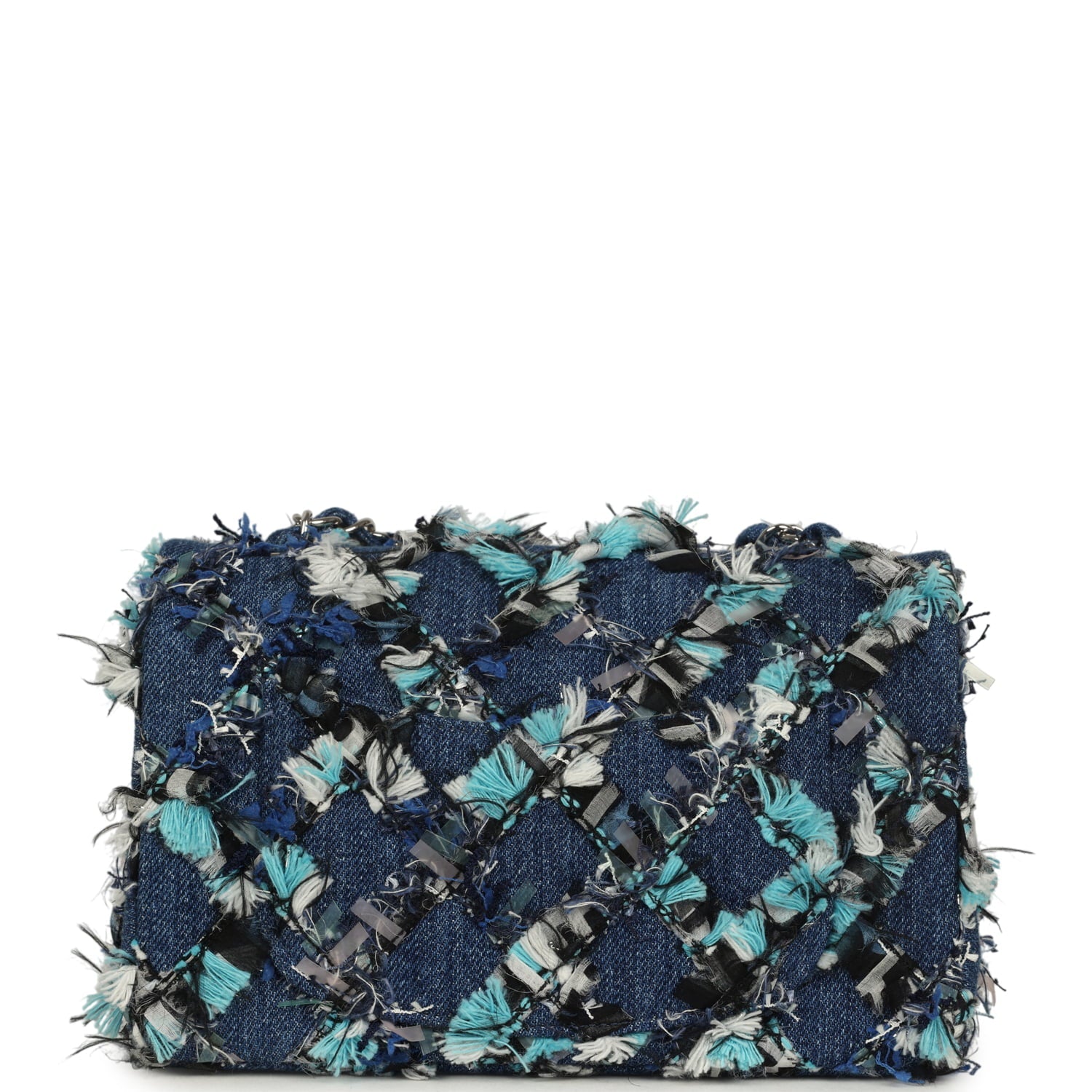 Chanel Mini Classic Rectangular Flap Bag Ribbon Tweed Blue Denim Silver Hardware