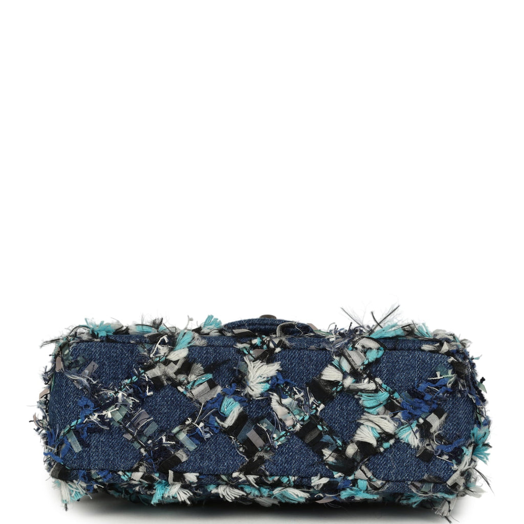 Chanel Mini Classic Rectangular Flap Bag Ribbon Tweed Blue Denim Silver Hardware