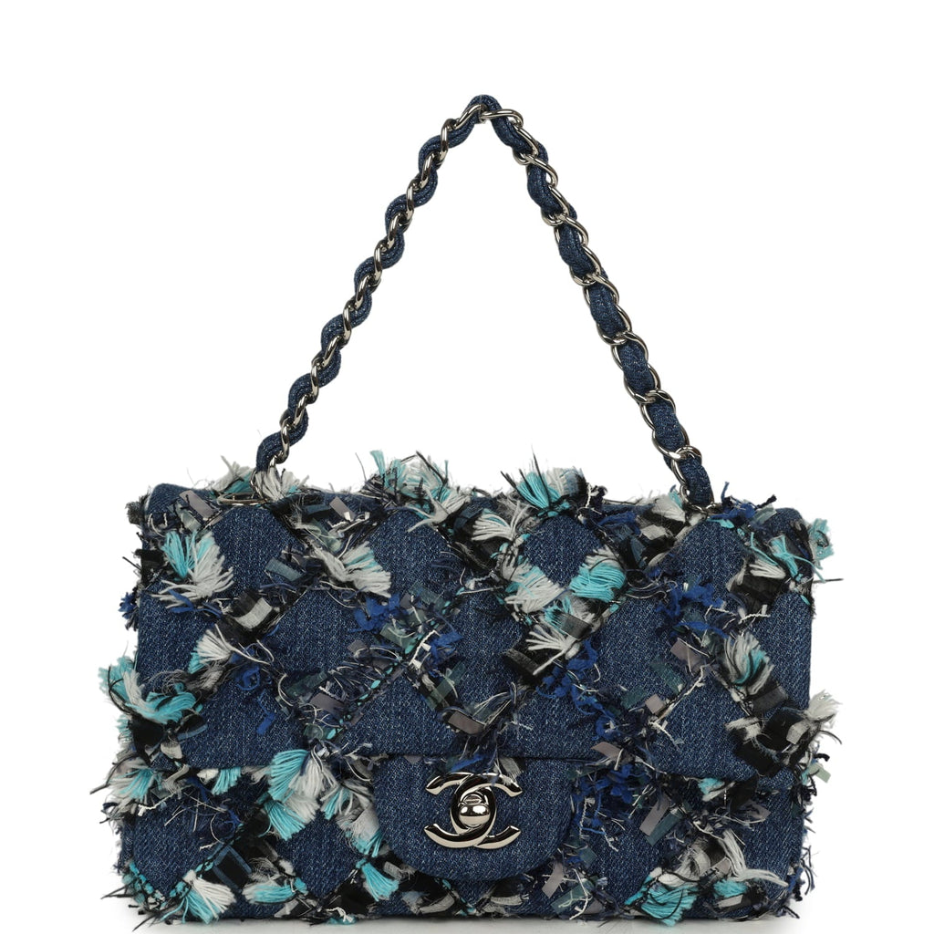 Chanel Mini Classic Rectangular Flap Bag Ribbon Tweed Blue Denim Silver Hardware