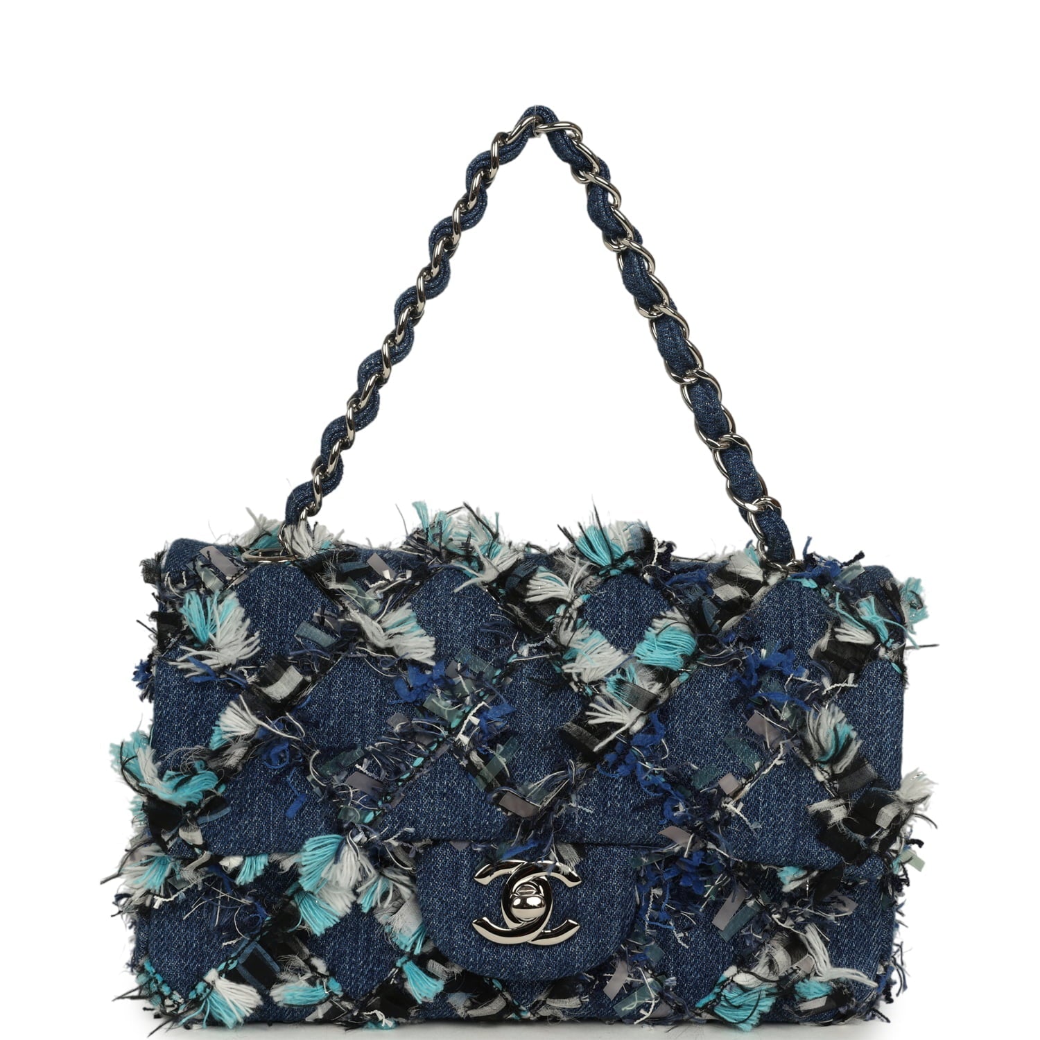 Chanel Mini Classic Rectangular Flap Bag Ribbon Tweed Blue Denim Silver Hardware
