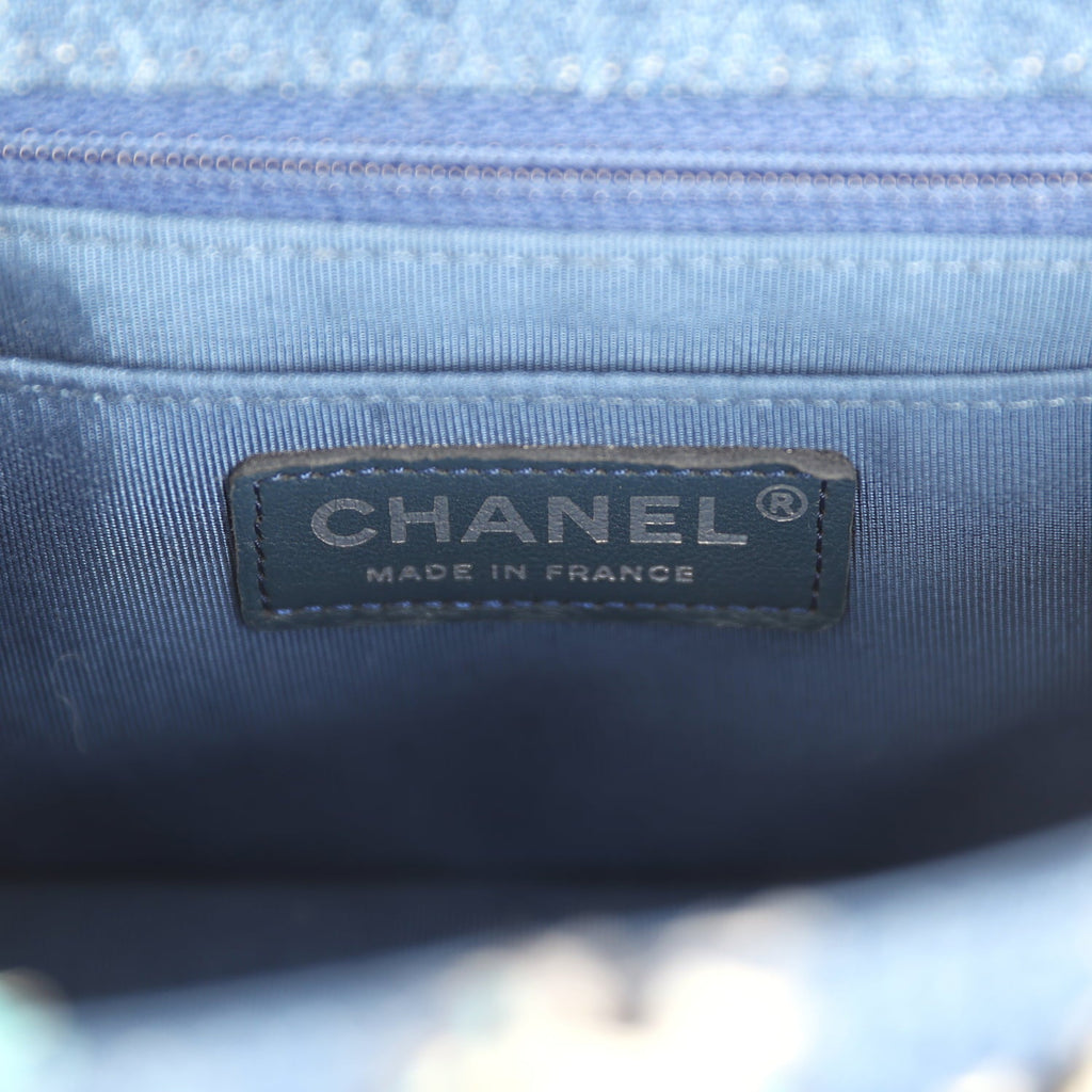 Chanel Mini Classic Rectangular Flap Bag Ribbon Tweed Blue Denim Silver Hardware