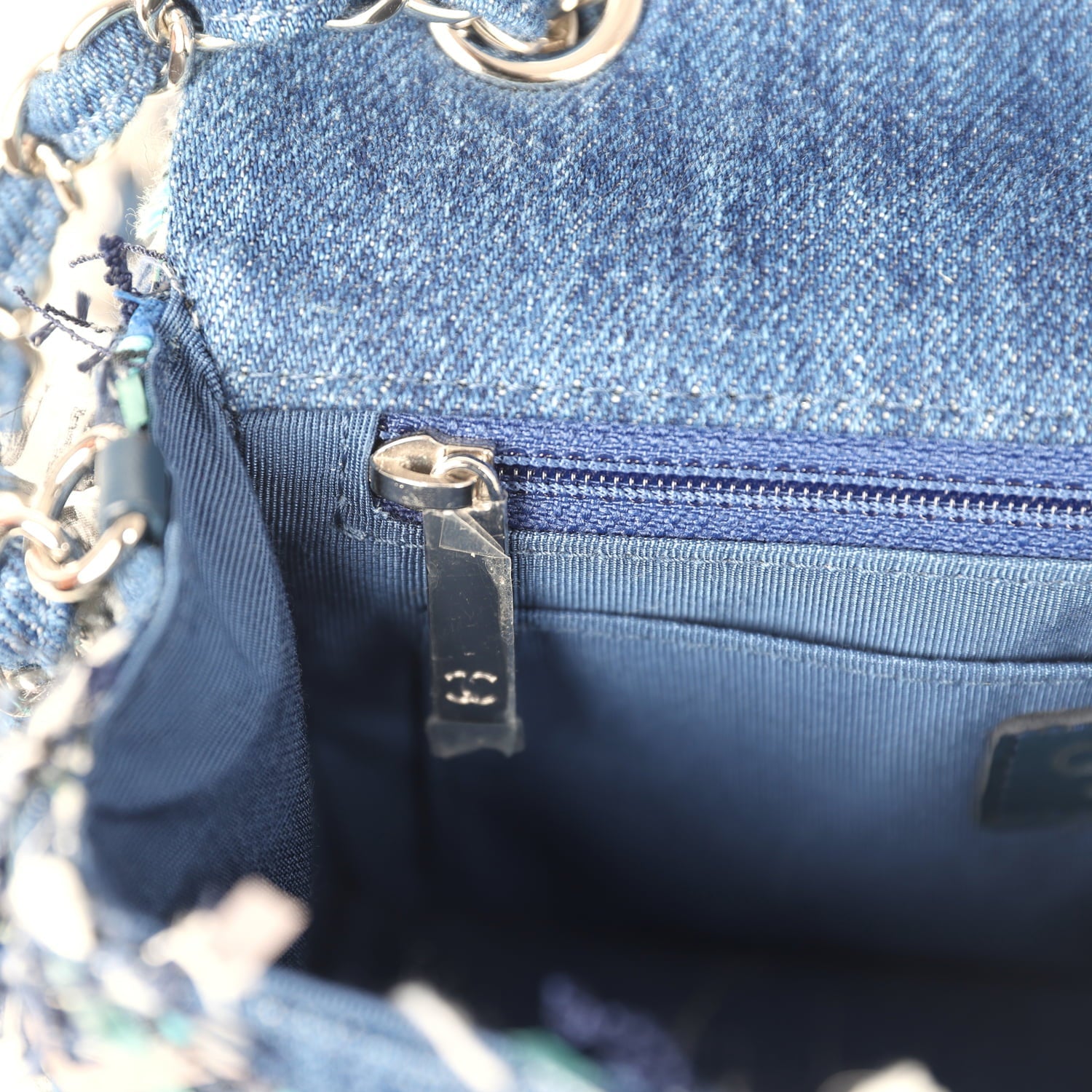 Chanel Mini Classic Rectangular Flap Bag Ribbon Tweed Blue Denim Silver Hardware