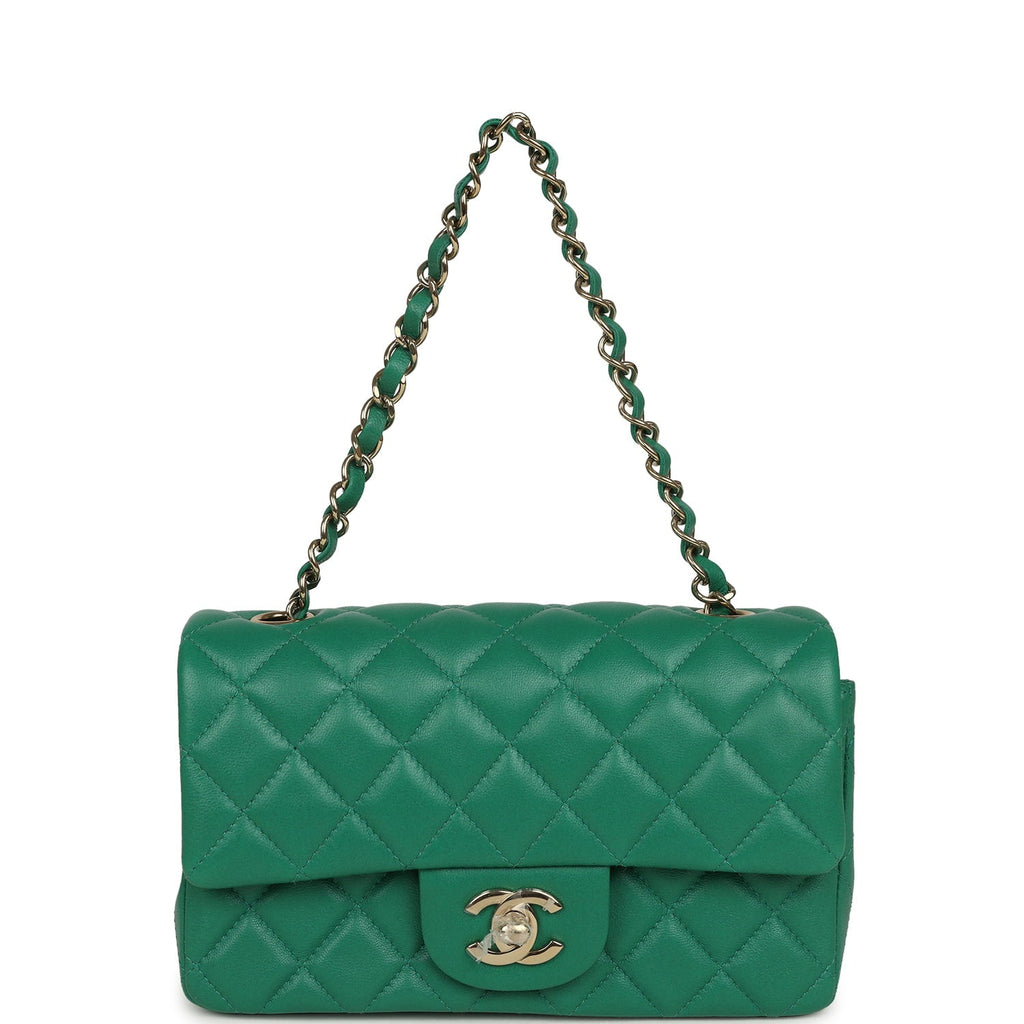 Chanel Mini Classic Rectangular Flap Bag Green Lambskin Light Gold Hardware