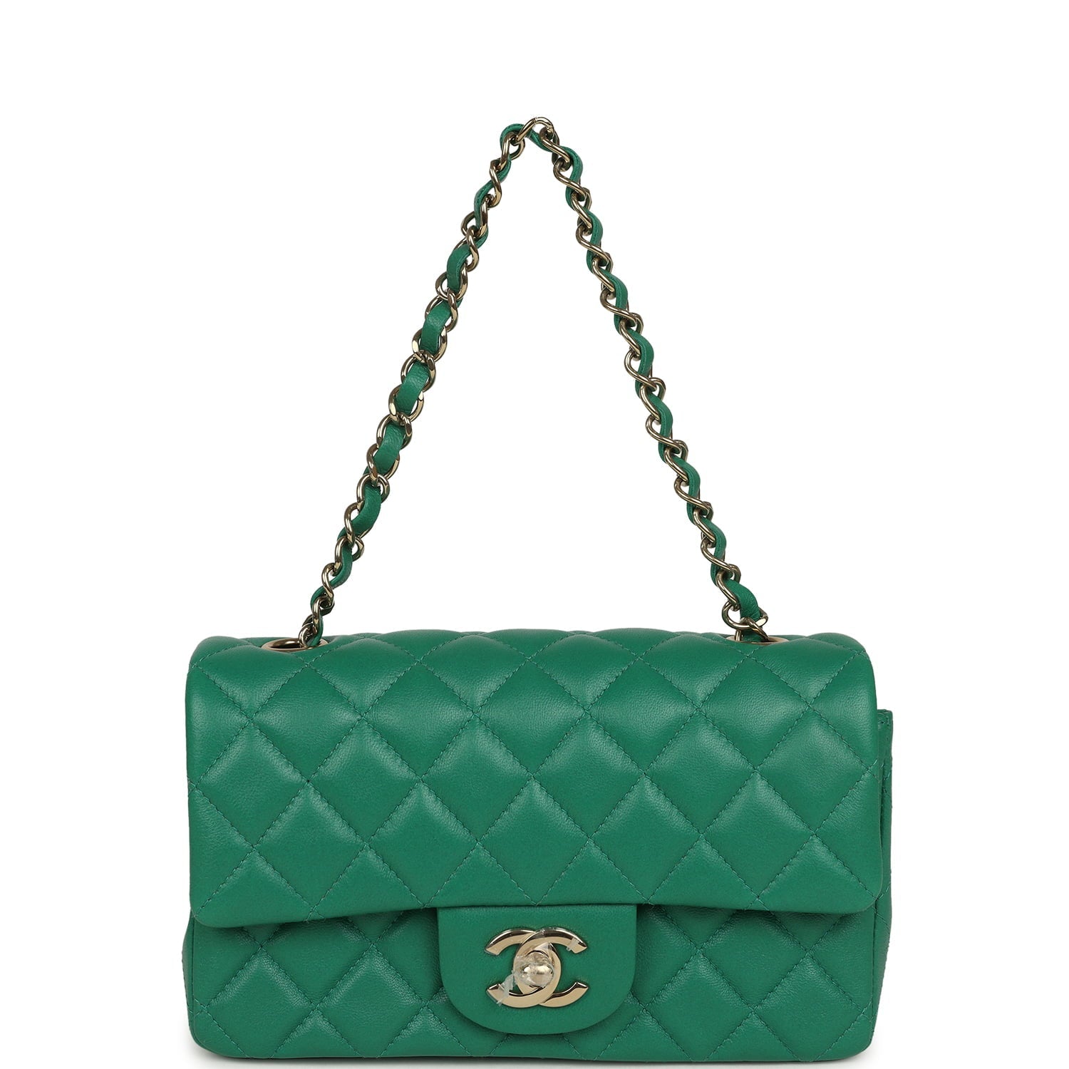 Chanel Mini Classic Rectangular Flap Bag Green Lambskin Light Gold Hardware