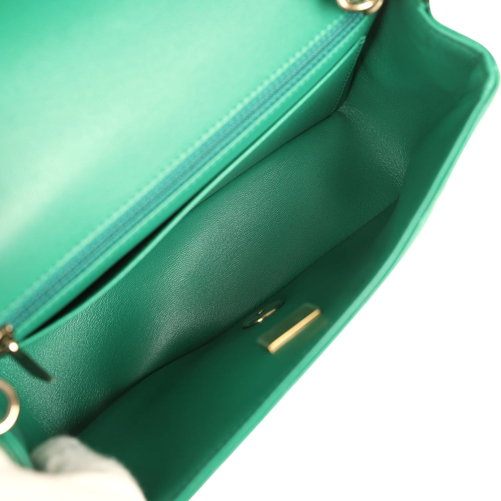 Chanel Mini Classic Rectangular Flap Bag Green Lambskin Light Gold Hardware