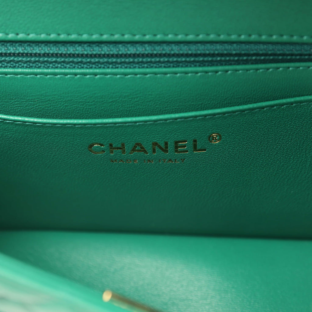 Chanel Mini Classic Rectangular Flap Bag Green Lambskin Light Gold Hardware