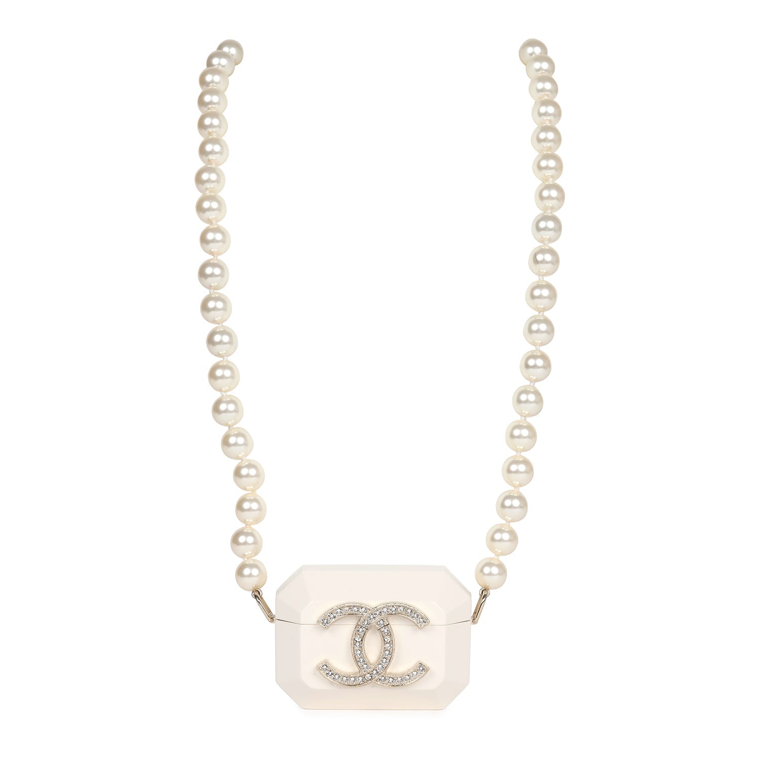 Chanel Crystal CC Resin & Pearls Airpod Pro Case Necklace Light Gold Hardware