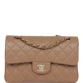 Chanel Small Classic Double Flap Dark Beige Caviar Light Gold Hardware