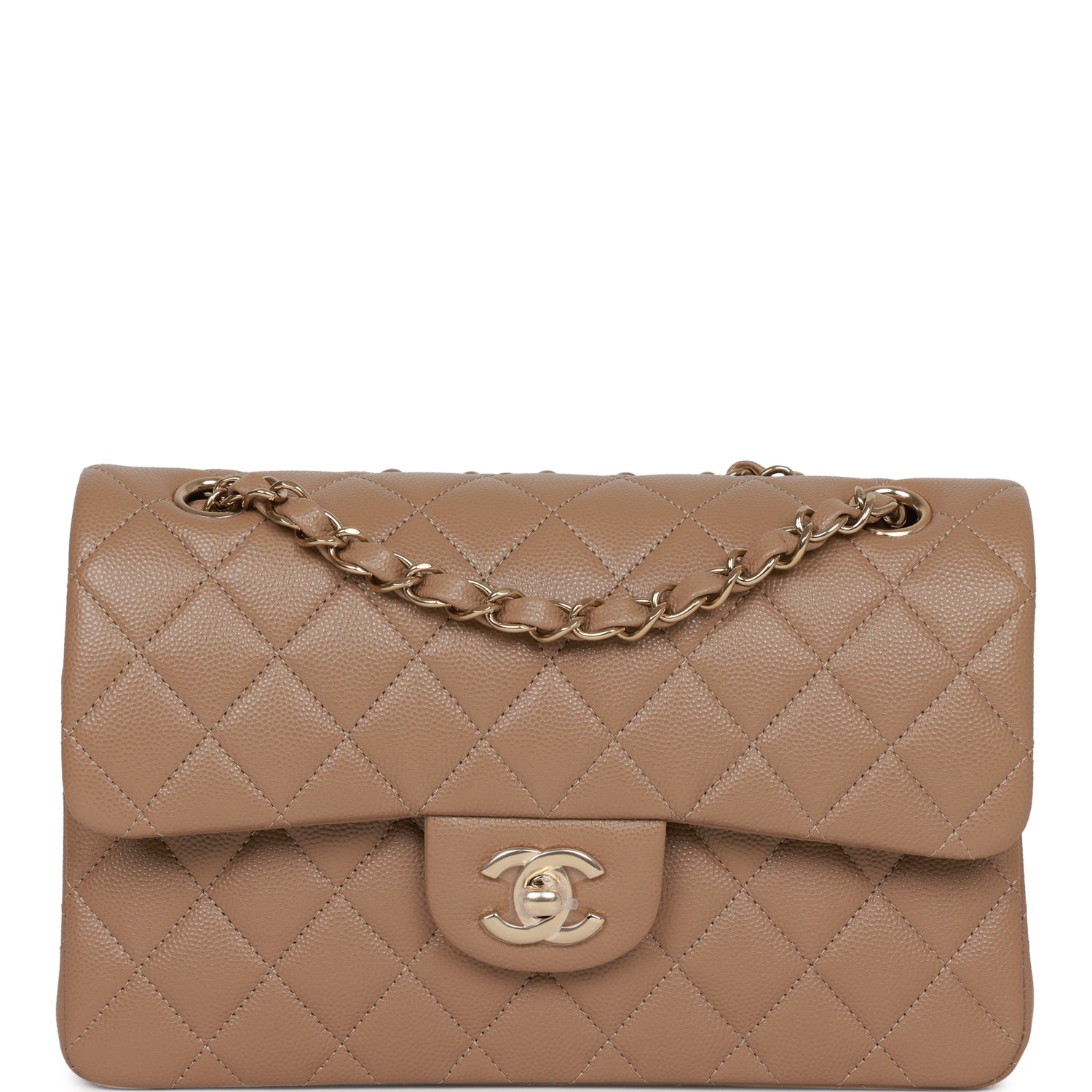 Chanel Small Classic Double Flap Dark Beige Caviar Light Gold Hardware