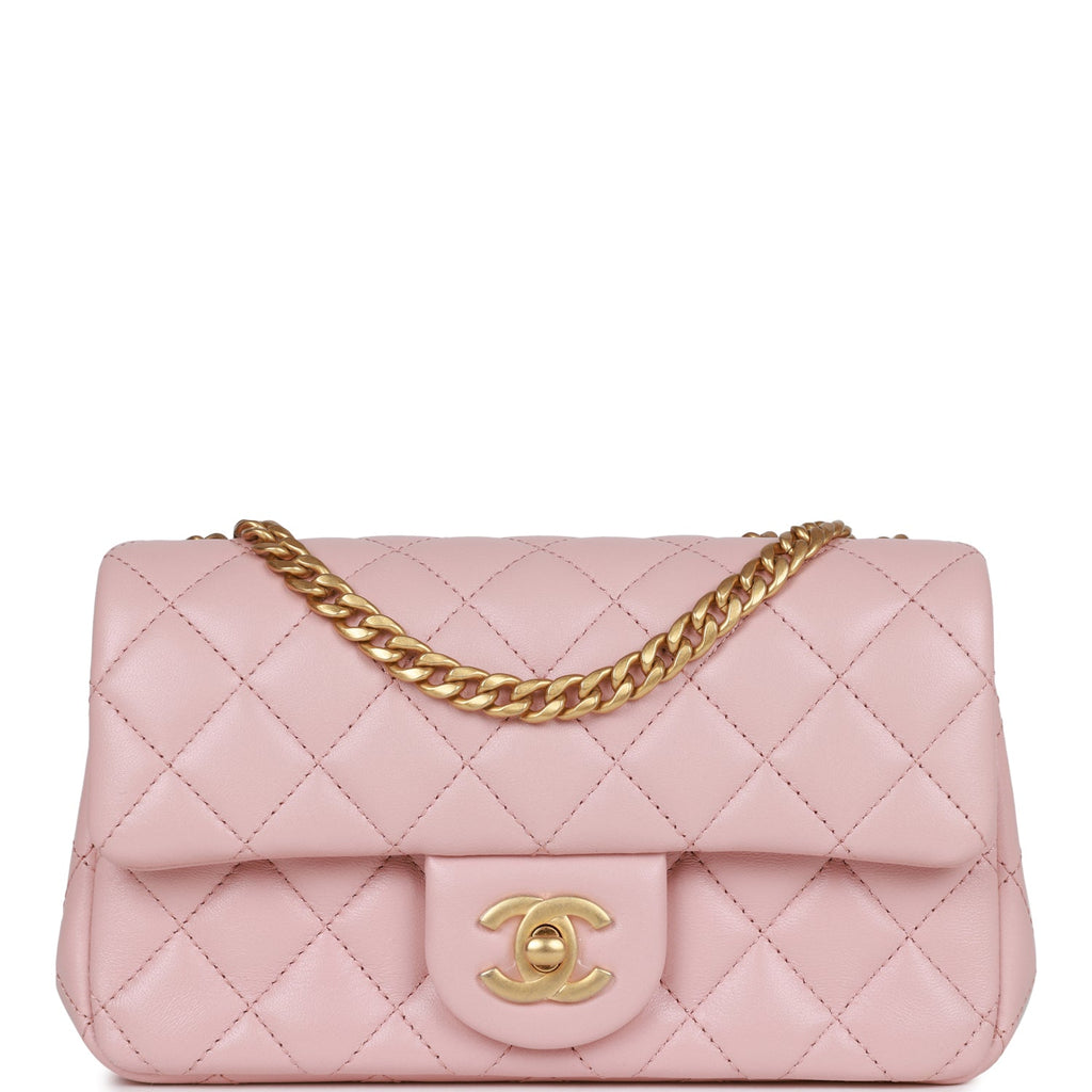Chanel Camellia Crush Mini Rectangular Flap Rose Clair Lambskin Antique Gold Hardware