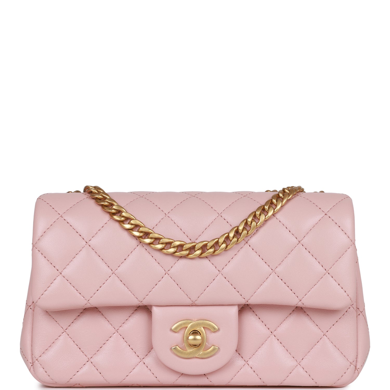 Chanel Camellia Crush Mini Rectangular Flap Rose Clair Lambskin Antique Gold Hardware