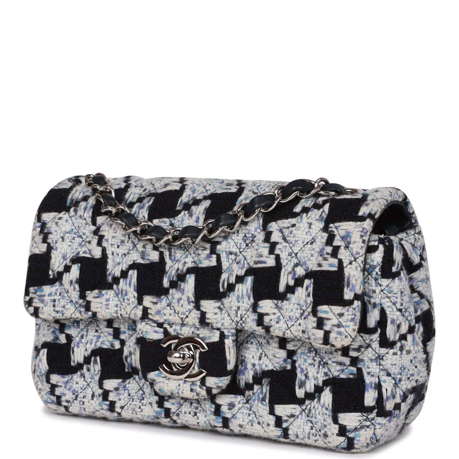 Pre-owned Chanel Mini Rectangular Flap Bag Blue Tweed Silver Hardware