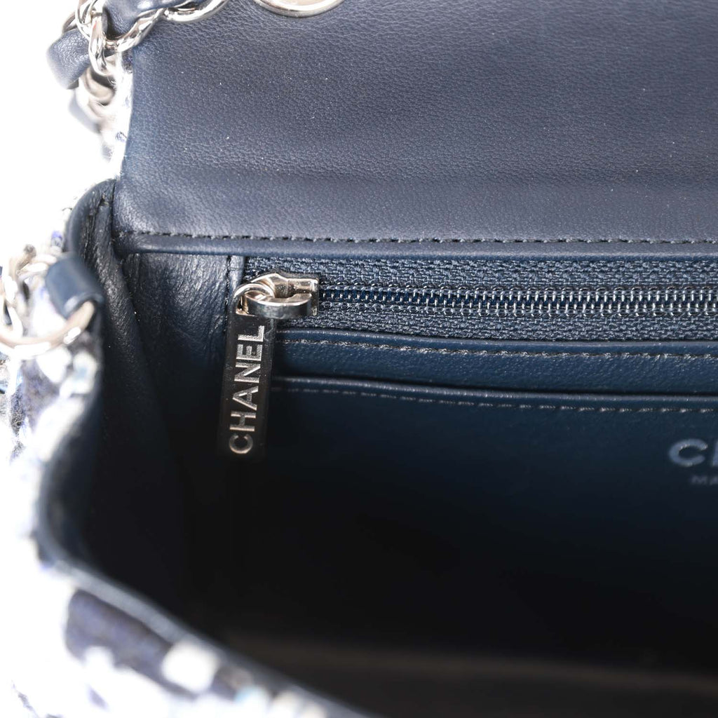 Pre-owned Chanel Mini Rectangular Flap Bag Blue Tweed Silver Hardware
