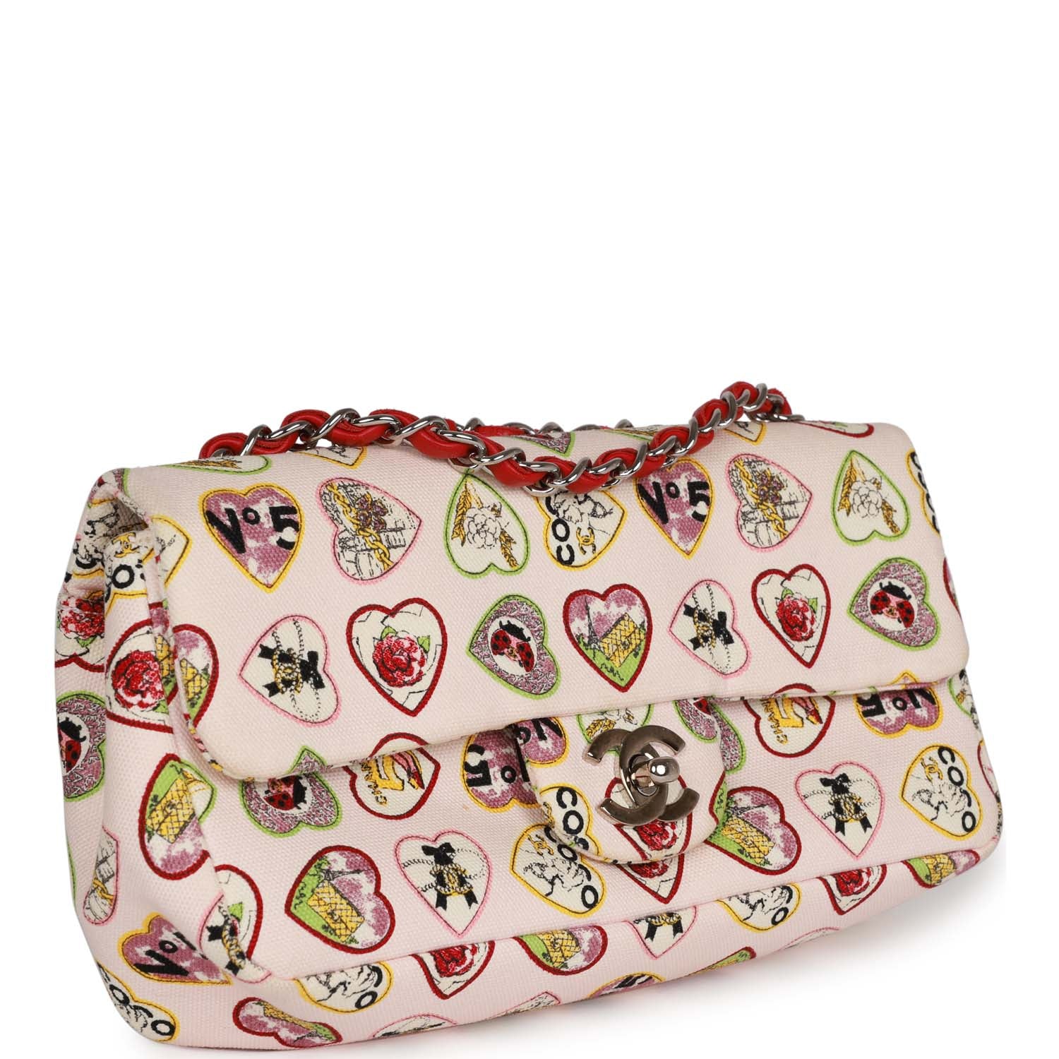 Pre-Owned Chanel Small Classic Coco Heart Motif Flap Bag Multicolor Canvas Silver Hardware